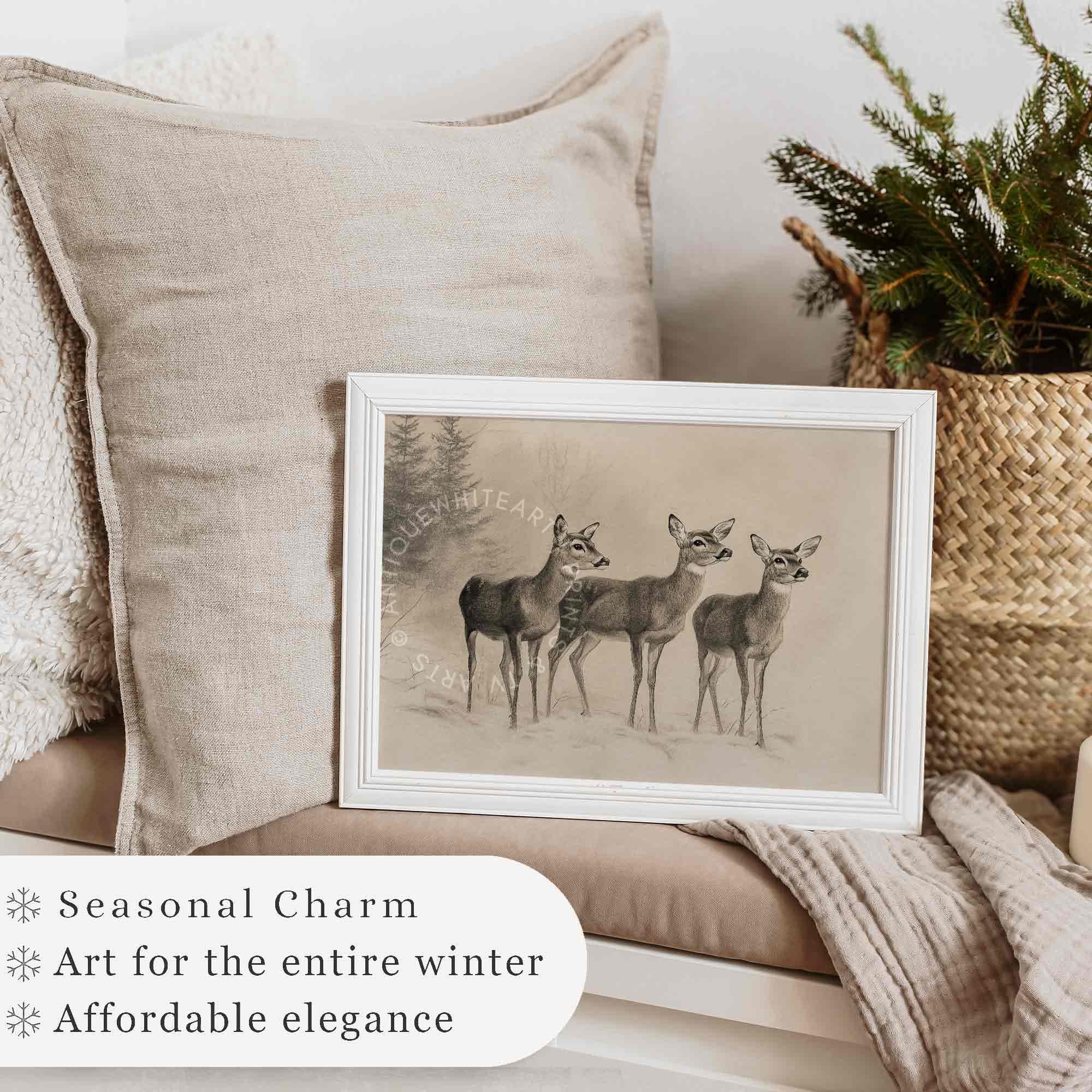 Christmas Print Deer Wall Art Rustic Reindeer Drawing Farmhouse Winter W138