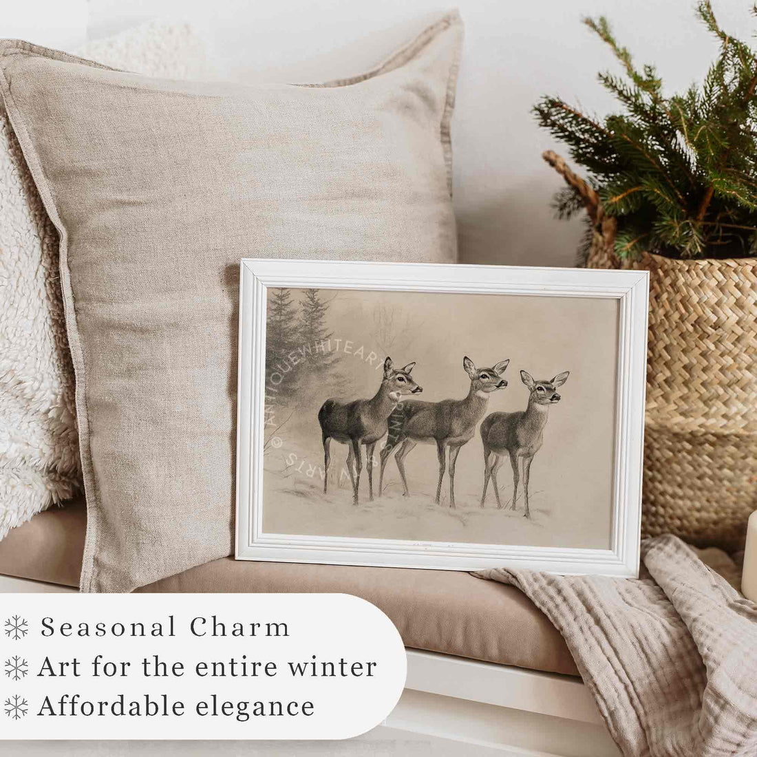 Christmas Print Deer Wall Art Rustic Reindeer Drawing Farmhouse Winter W138
