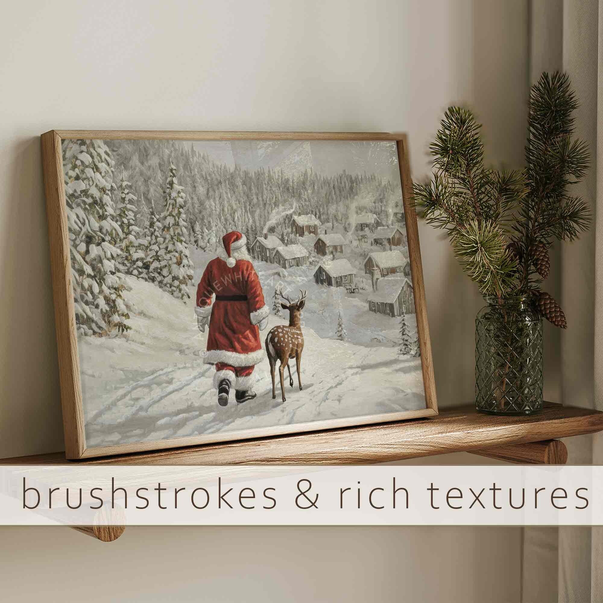Santa Claus & Reindeer Winter Village Painting ( ) Print Wall Art