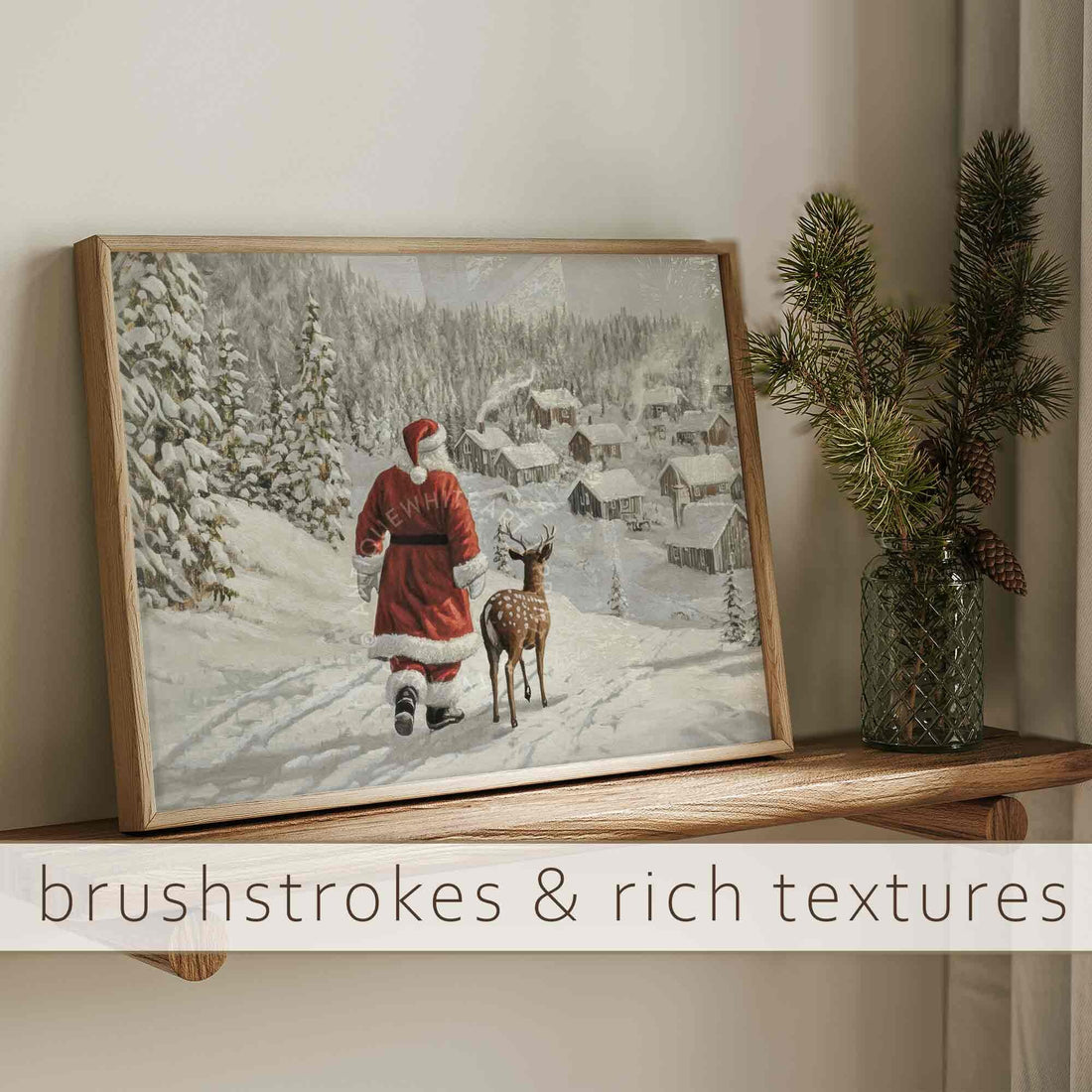 Santa Claus & Reindeer Winter Village Painting ( ) Print Wall Art