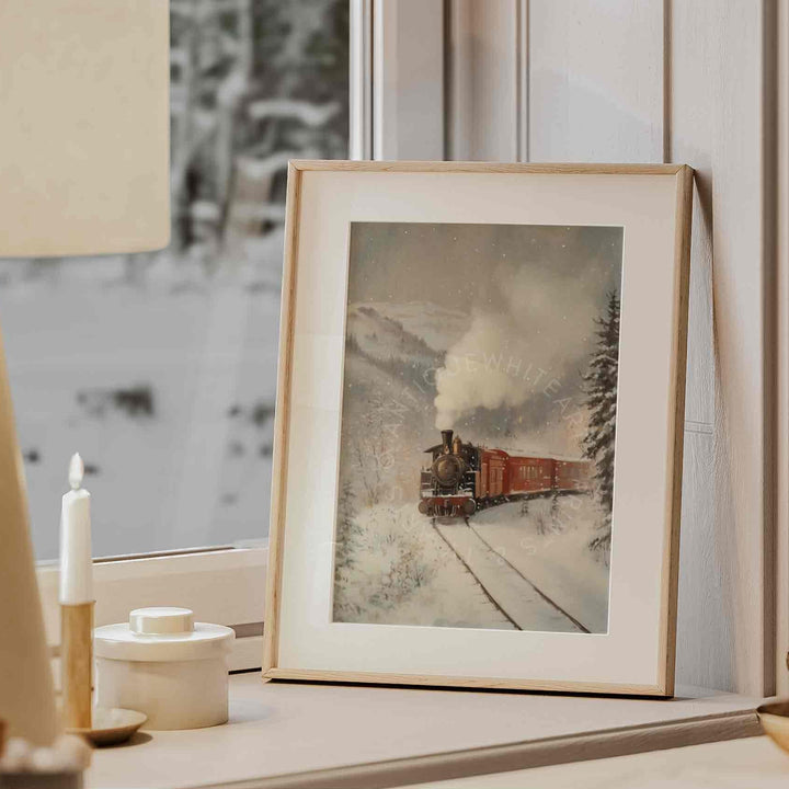 Christmas Print Train Painting Winter Scenery Landscape Snowy Railroad Wall Art Moody Decor W125