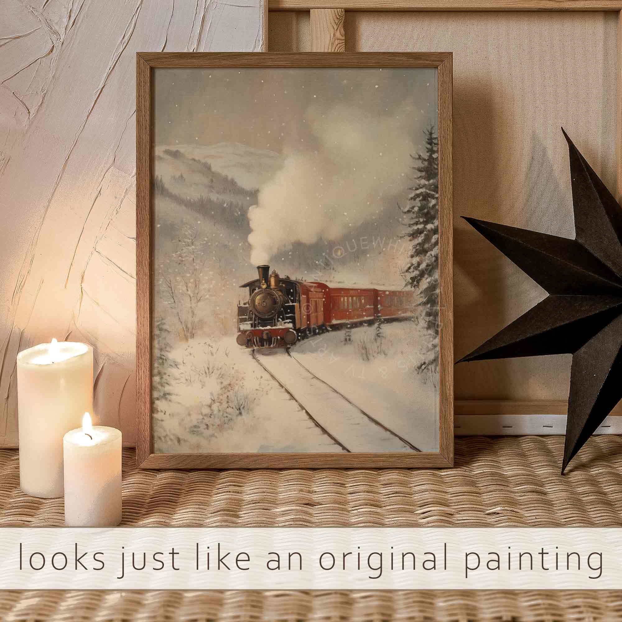 Christmas Print Train Painting Winter Scenery Landscape Snowy Railroad Wall Art Moody Decor W125