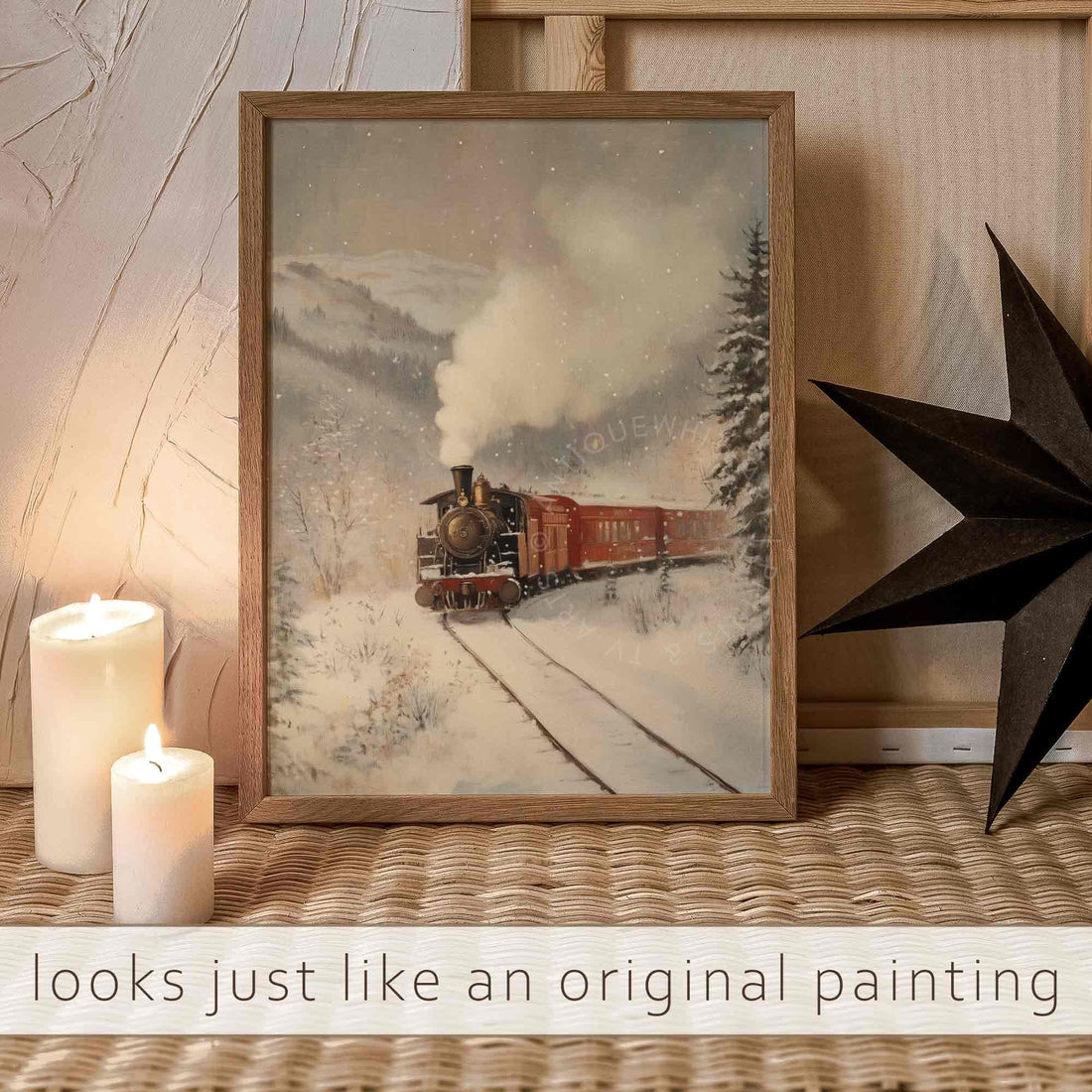 Christmas Print Train Painting Winter Scenery Landscape Snowy Railroad Wall Art Moody Decor W125