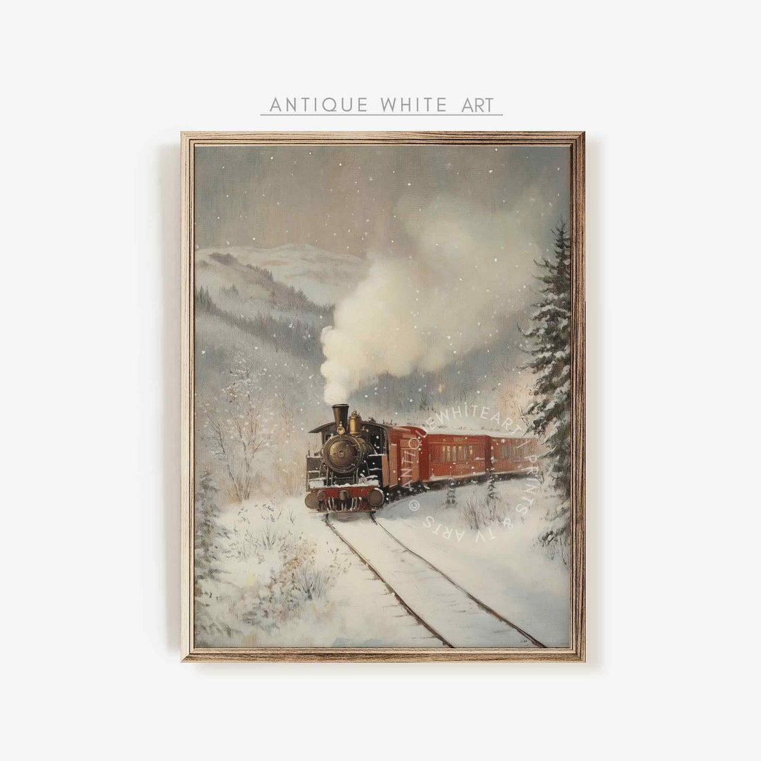 Christmas Print Train Painting Winter Scenery Landscape Snowy Railroad Wall Art Moody Decor W125