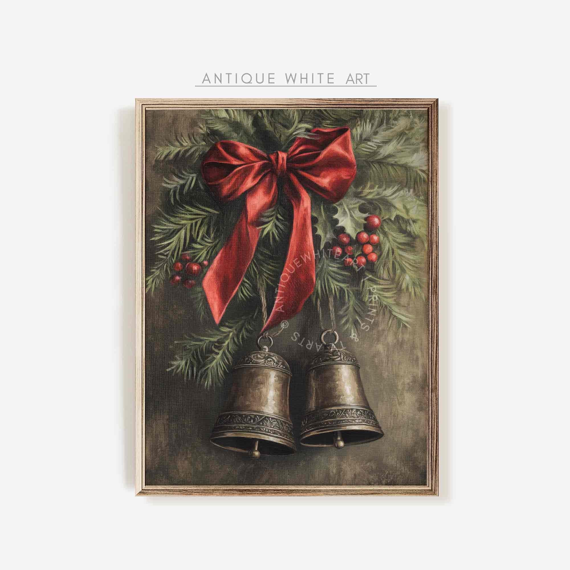 Moody Christmas Wall Art Brass Bells Rustic Oil Painting Country Print Holiday Decor W117