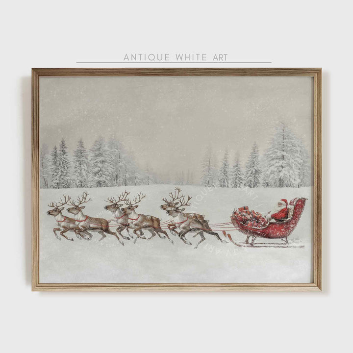 Christmas Wall Art Santa Claus Print Reindeer Painting Decor Santa's Sleigh Holiday W141