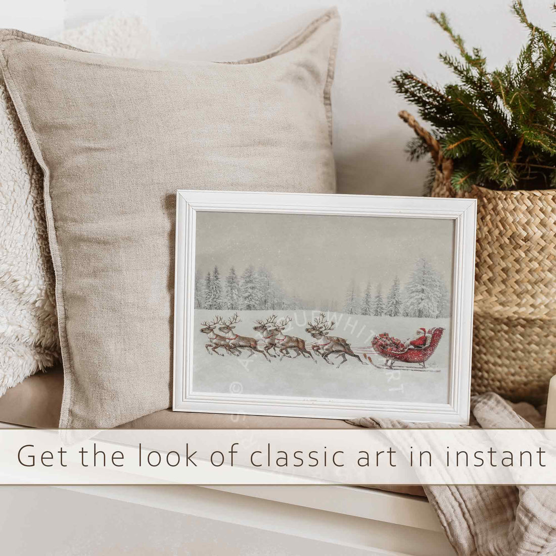 Christmas Wall Art Santa Claus Print Reindeer Painting Decor Santa's Sleigh Holiday W141