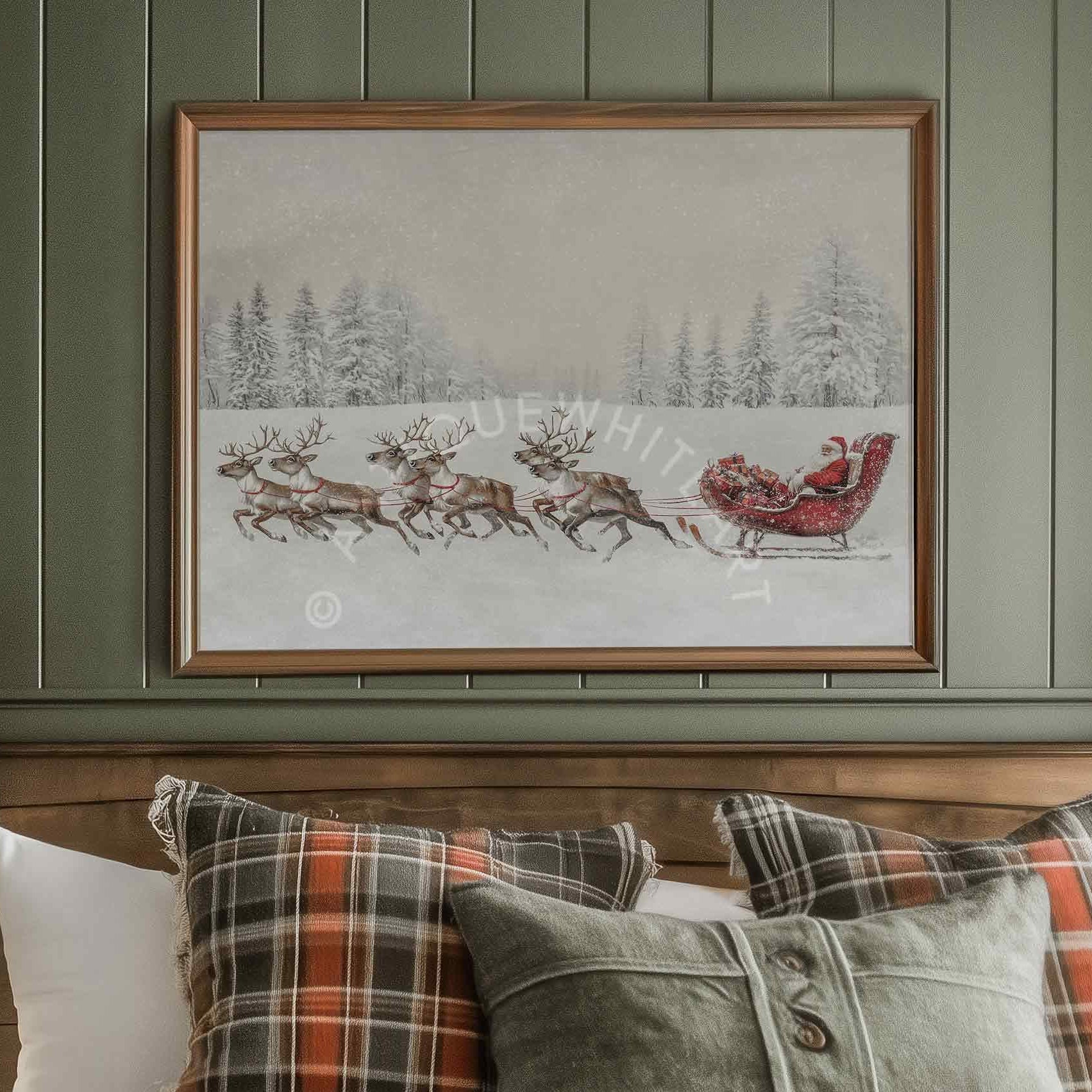 Christmas Wall Art Santa Claus Print Reindeer Painting Decor Santa's Sleigh Holiday W141
