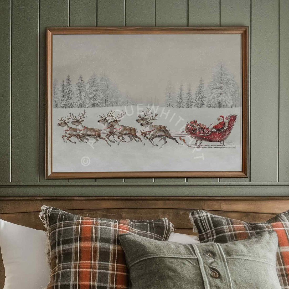 Christmas Wall Art Santa Claus Print Reindeer Painting Decor Santa's Sleigh Holiday W141