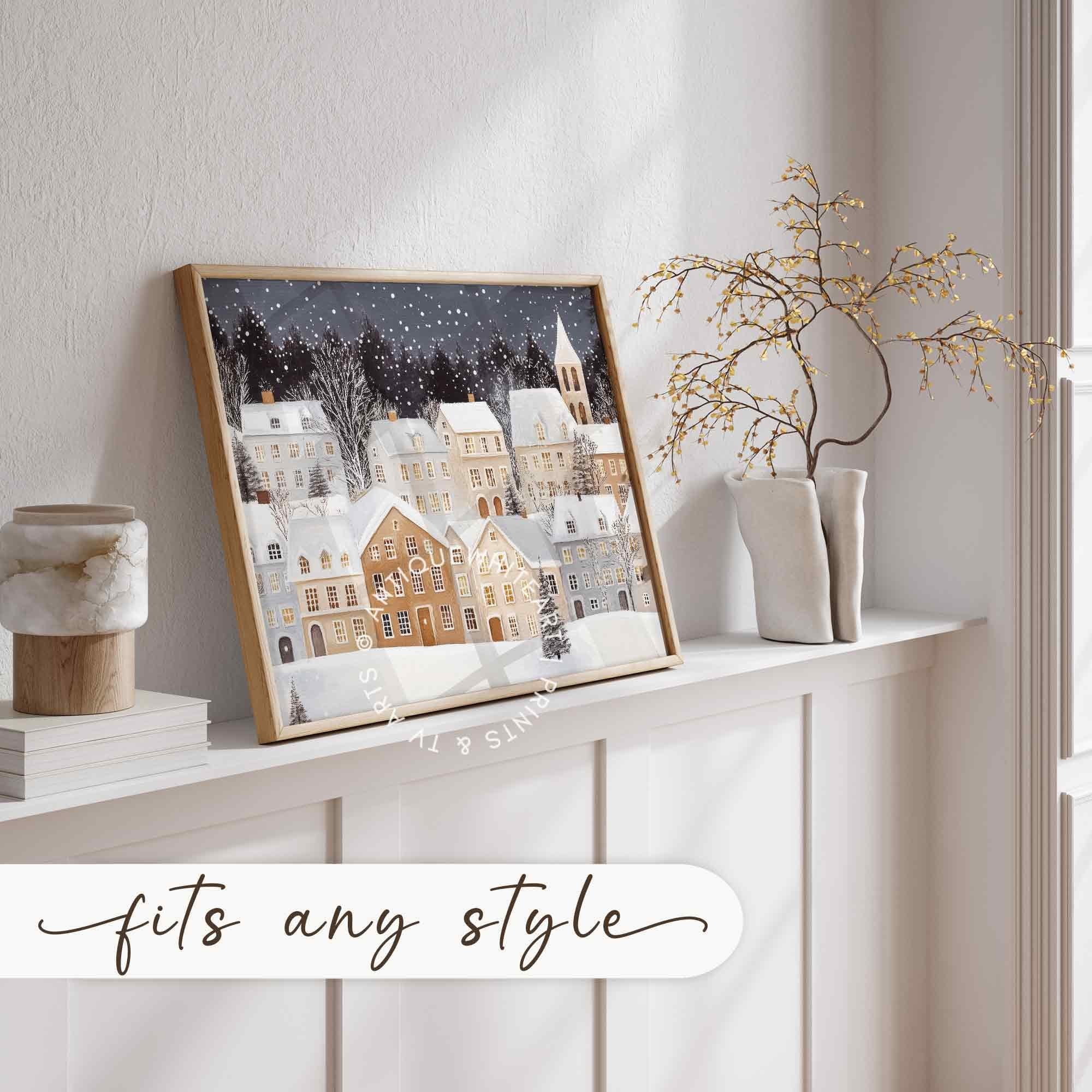 Christmas Wall Art Town Painting Tree Print Holiday Decor Village W142