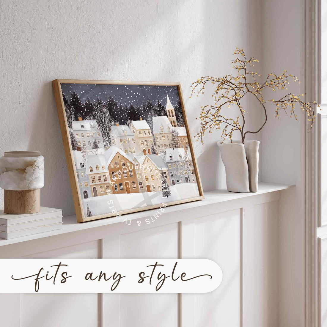 Christmas Wall Art Town Painting Tree Print Holiday Decor Village W142