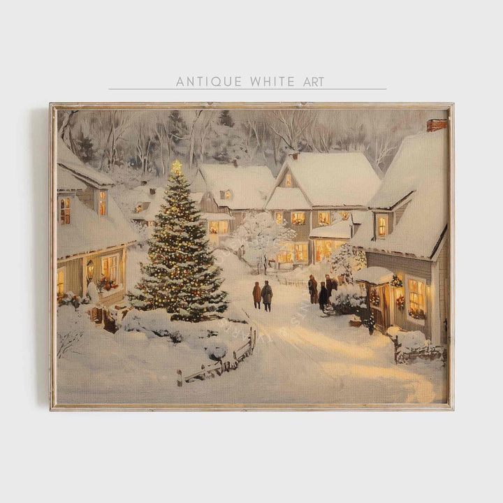 Christmas Wall Art Winter Village Oil Painting Tree Print Holiday Decor Vintage Style W112