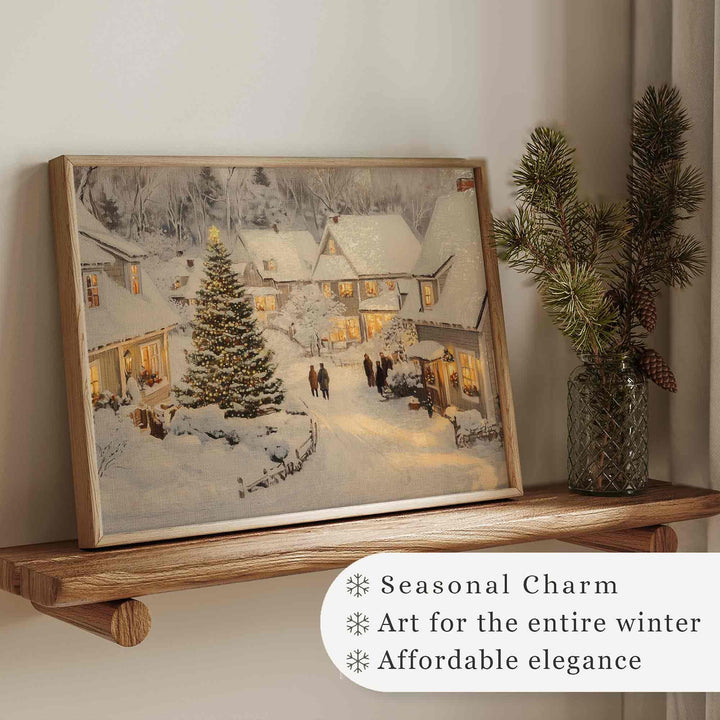 Christmas Wall Art Winter Village Oil Painting Tree Print Holiday Decor Vintage Style W112