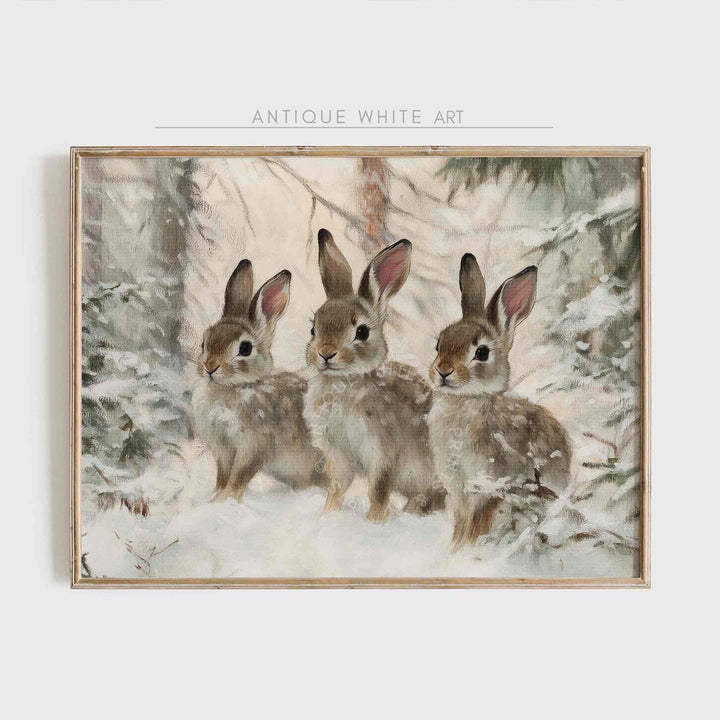 Hares in Winter Landscape Print Bunnies Painting Vintage Style Style Wall Art Rustic Country Christmas W118