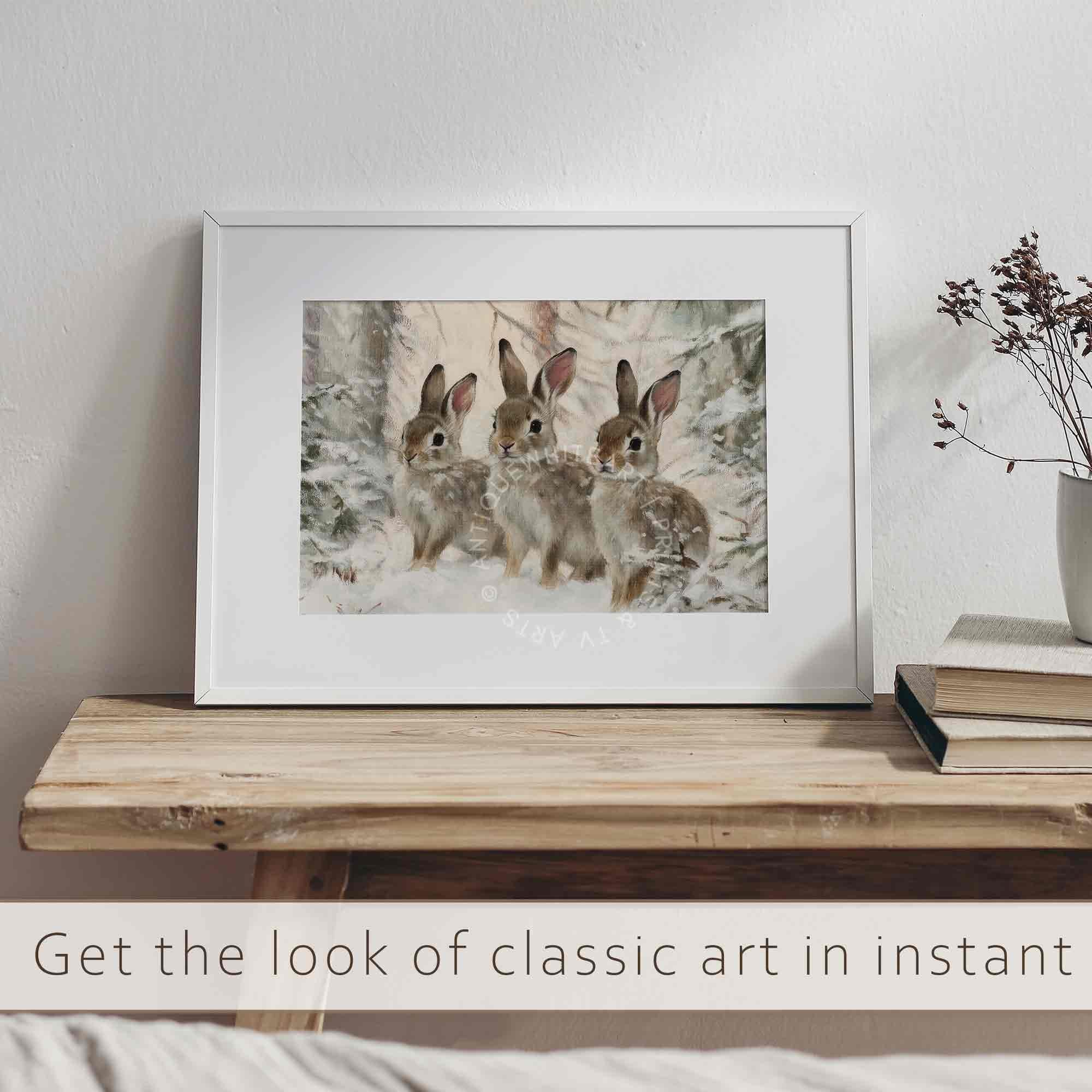 Hares in Winter Landscape Print Bunnies Painting Vintage Style Style Wall Art Rustic Country Christmas W118