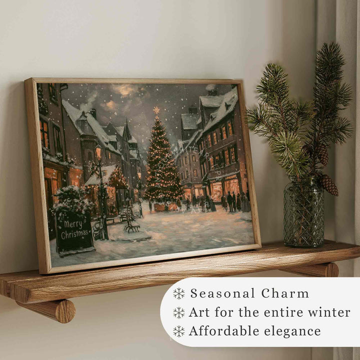 Vintage Style Christmas Town Print Tree Painting Moody Winter Wall Art Farmhouse Decor W119