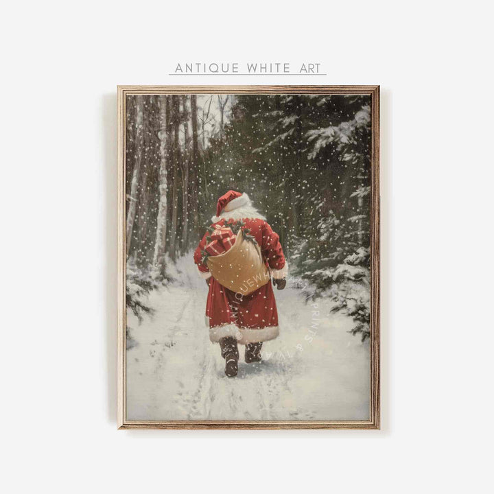 Santa Claus Print Vintage Style styled Christmas Wall Art Scene Painting Winter Forest W120