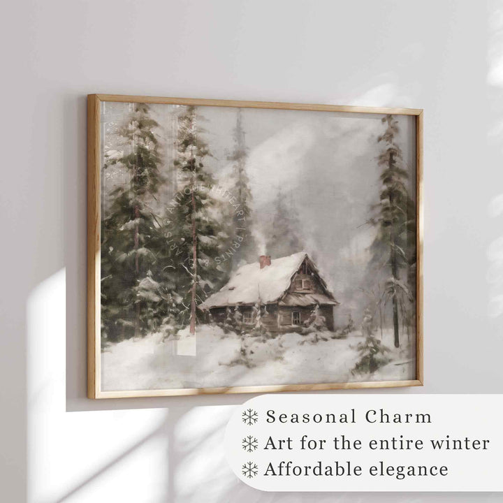 Winter Cabin Rustic Landscape Print Wall Art Farmhouse Prints Pine Forest Painting W152