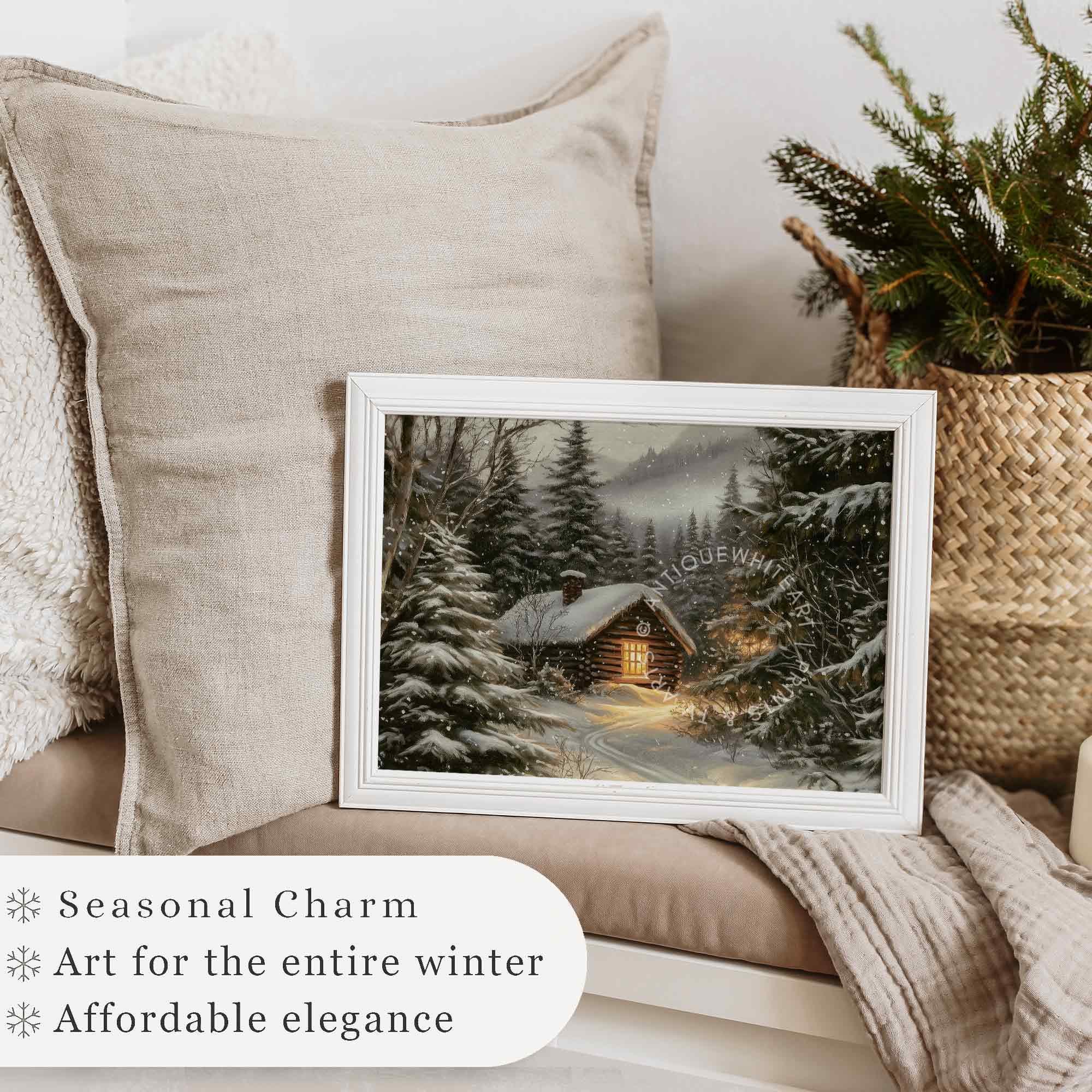 Rustic Winter Landscape Wall Art Cabin Print Farmhouse Prints Pine Forest Painting W151