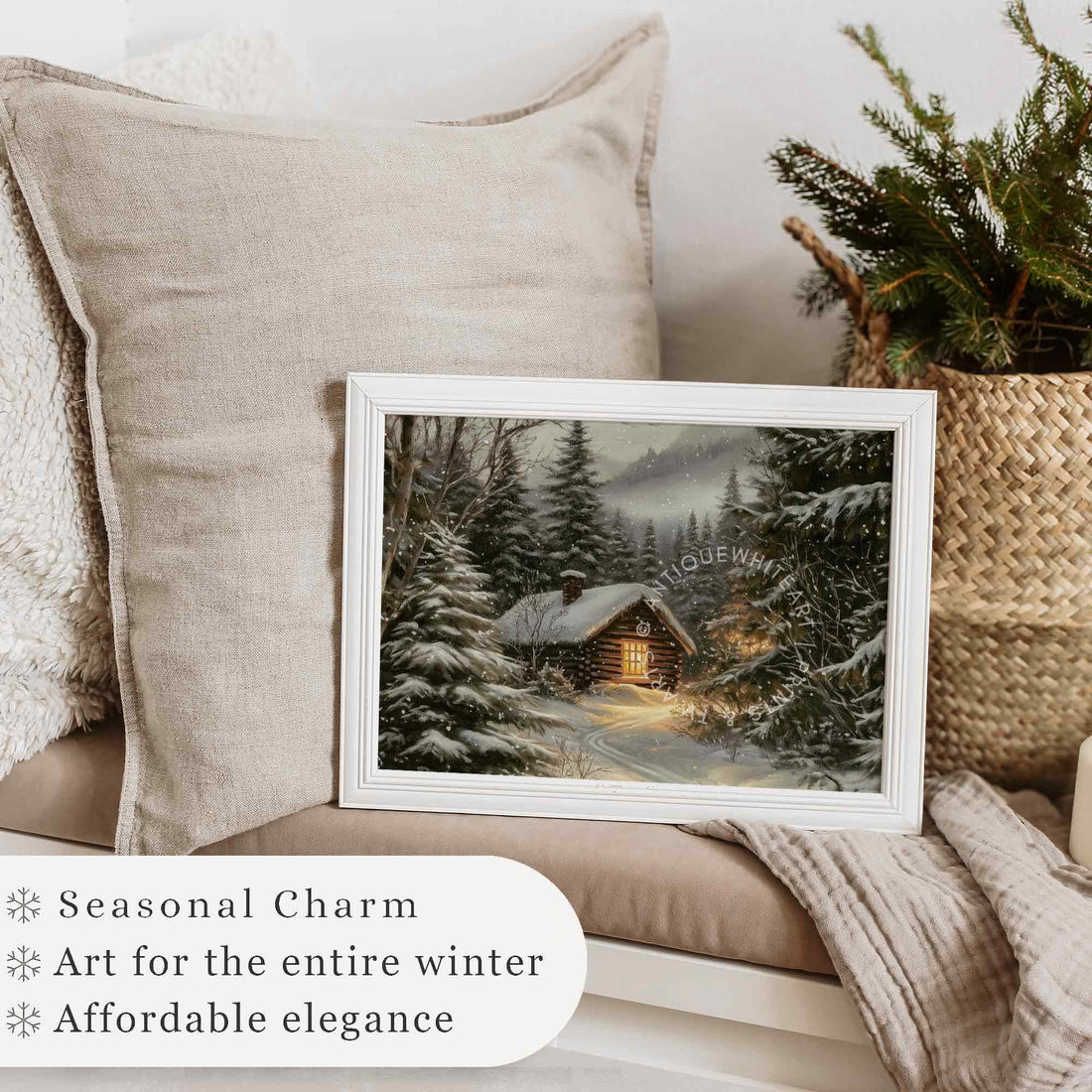 Rustic Winter Landscape Wall Art Cabin Print Farmhouse Prints Pine Forest Painting W151