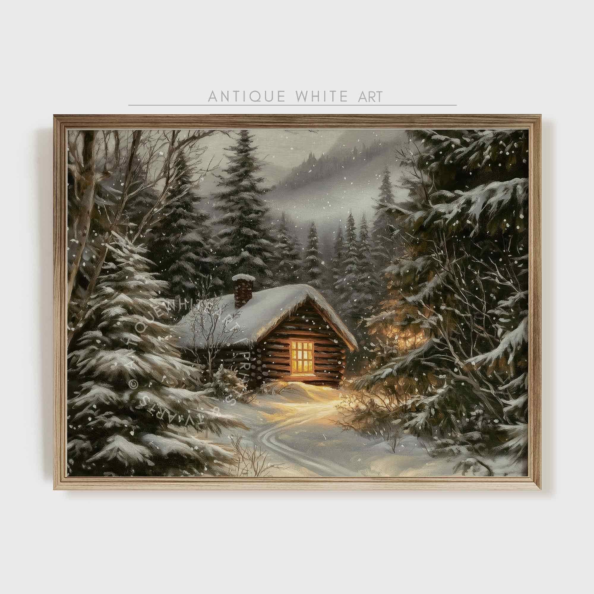 Rustic Winter Landscape Wall Art Cabin Print Farmhouse Prints Pine Forest Painting W151