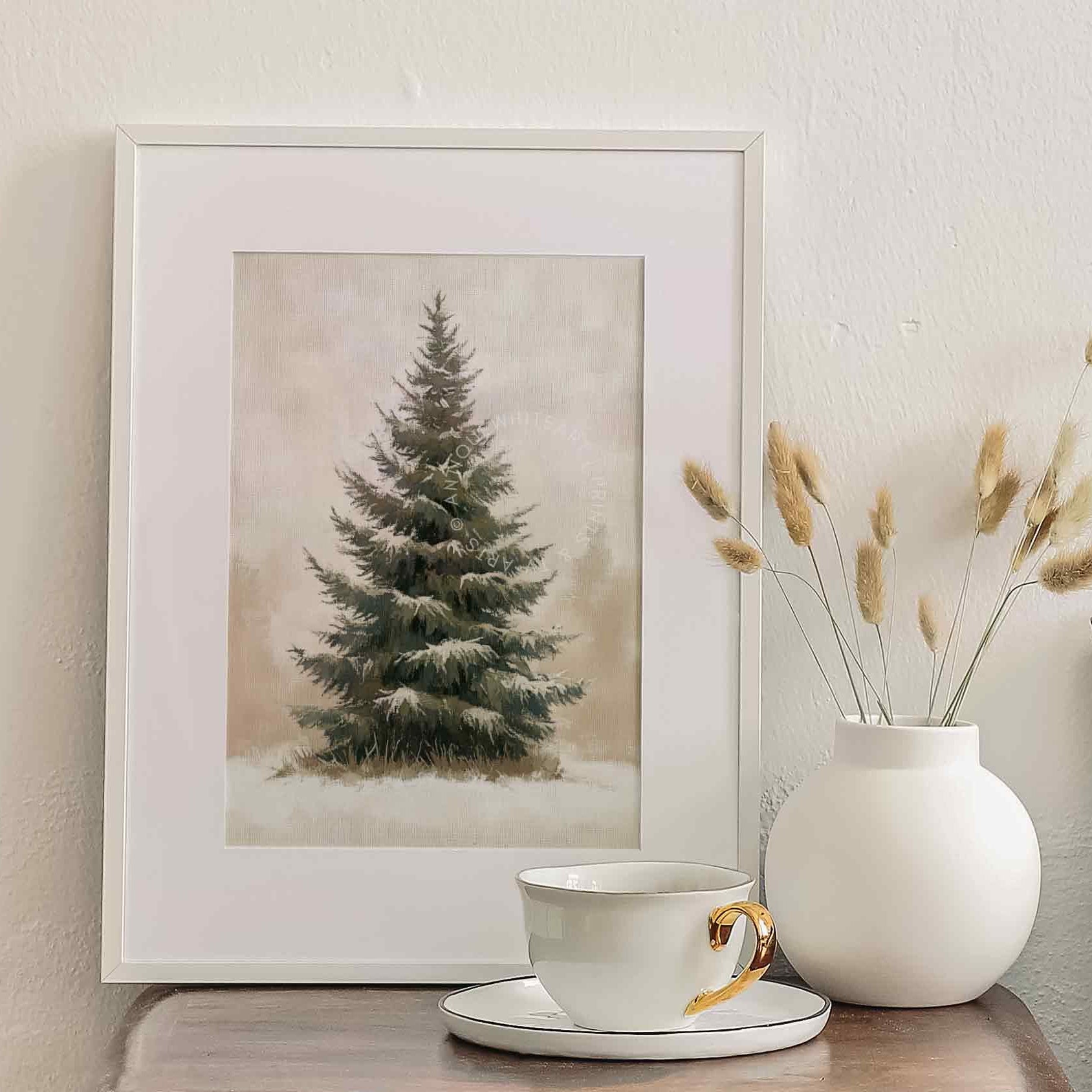 Christmas Tree Print Muted Winter Landscape Moody Farmhouse Decor Wall Art Pine W150