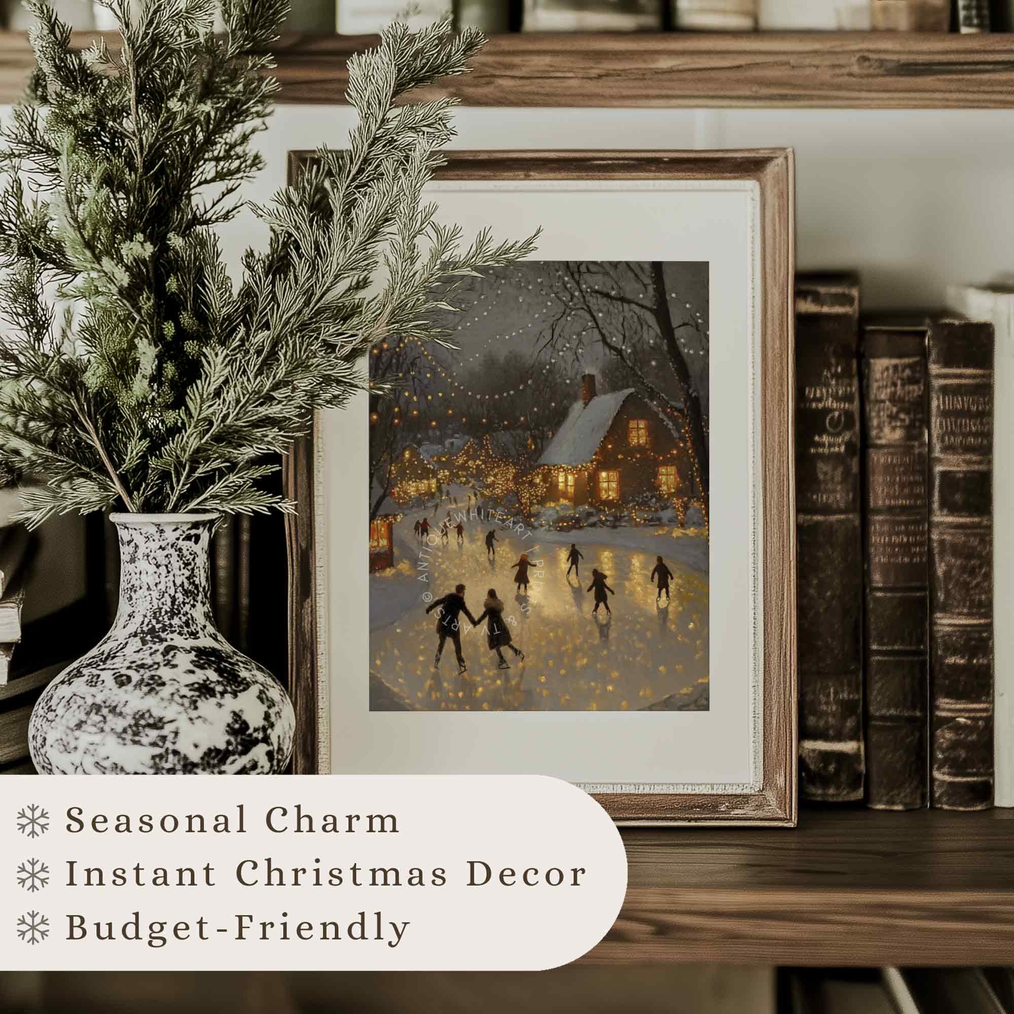 Winter Ice Skating Print Christmas Wall Art Eve Painting Holiday Decor W149