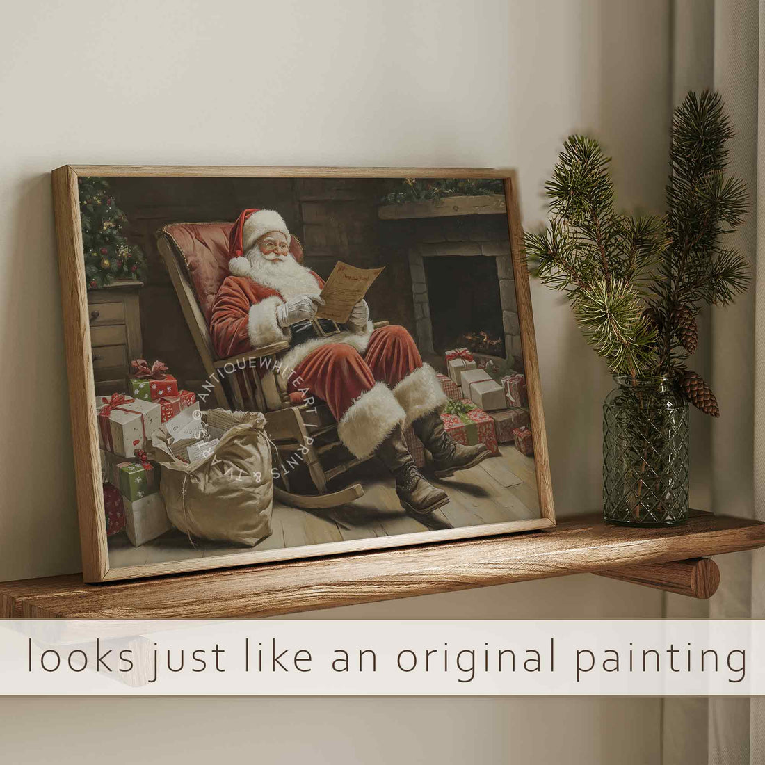 Santa Reading Painting: Farmhouse Christmas Decor ( ) W146 Print Wall Art