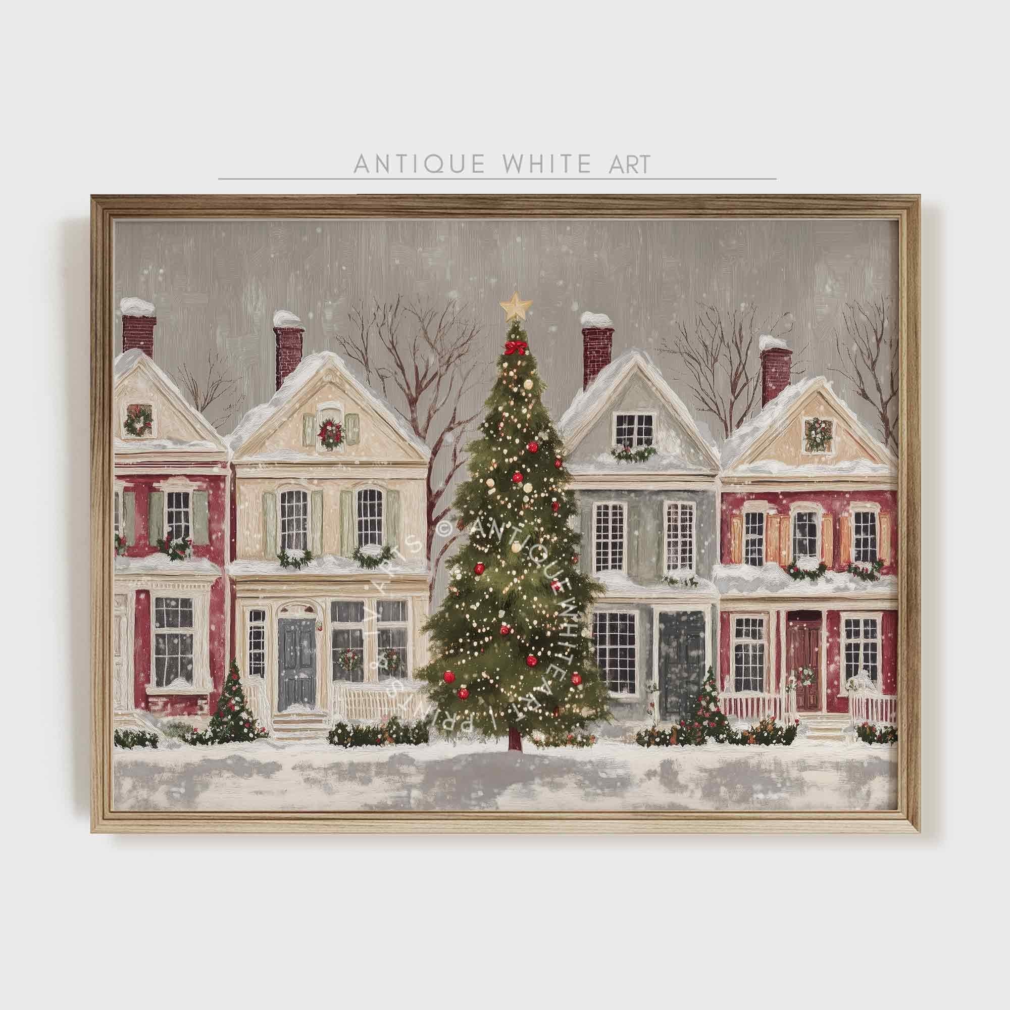 Rustic Christmas Town Print Tree Painting Moody Winter Wall Art Farmhouse Decor W143