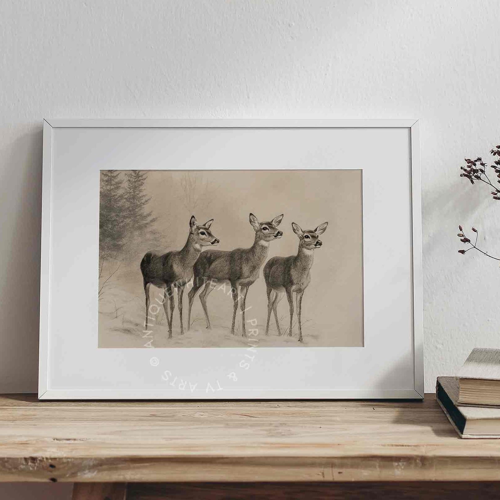 Christmas Print Deer Wall Art Rustic Reindeer Drawing Farmhouse Winter W138