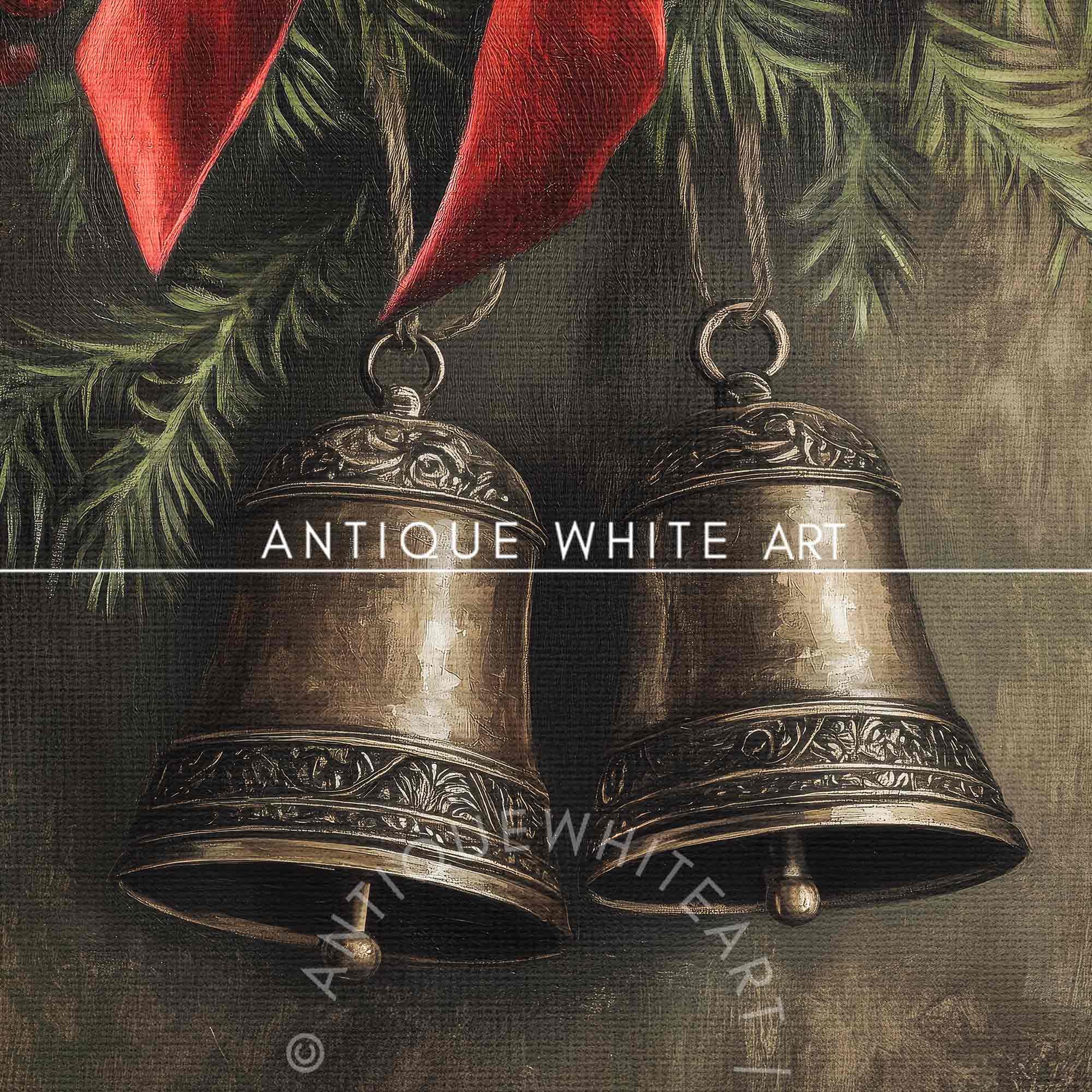 Moody Christmas Wall Art Brass Bells Rustic Oil Painting Country Print Holiday Decor W117