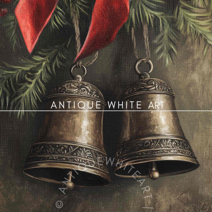 Moody Christmas Wall Art Brass Bells Rustic Oil Painting Country Print Holiday Decor W117