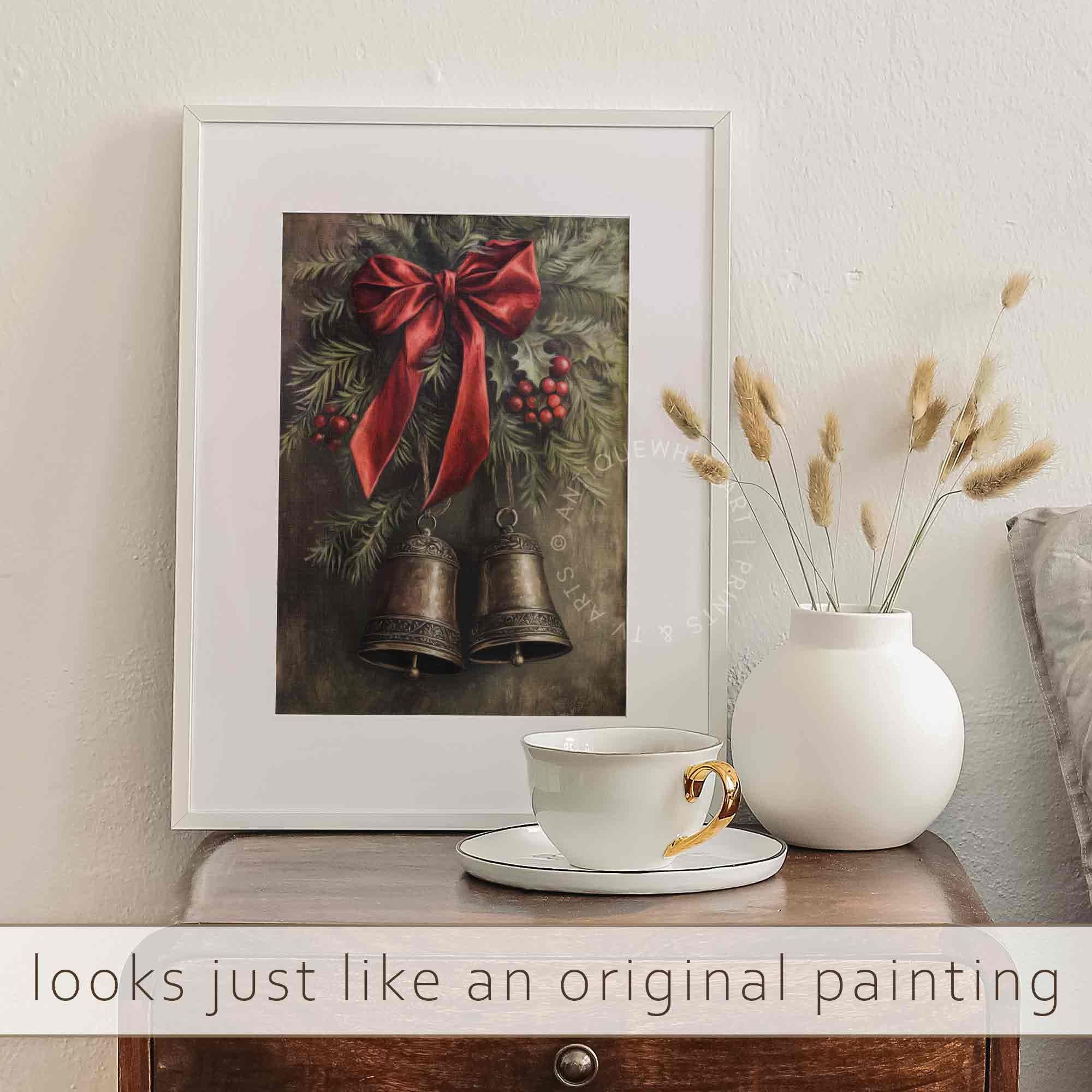 Moody Christmas Wall Art Brass Bells Rustic Oil Painting Country Print Holiday Decor W117