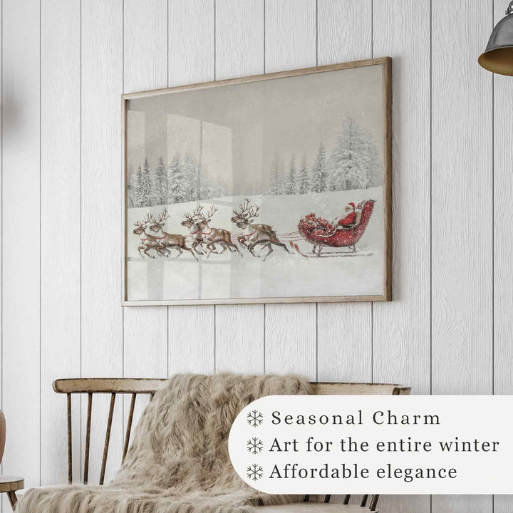 Christmas Wall Art Santa Claus Print Reindeer Painting Decor Santa's Sleigh Holiday W141