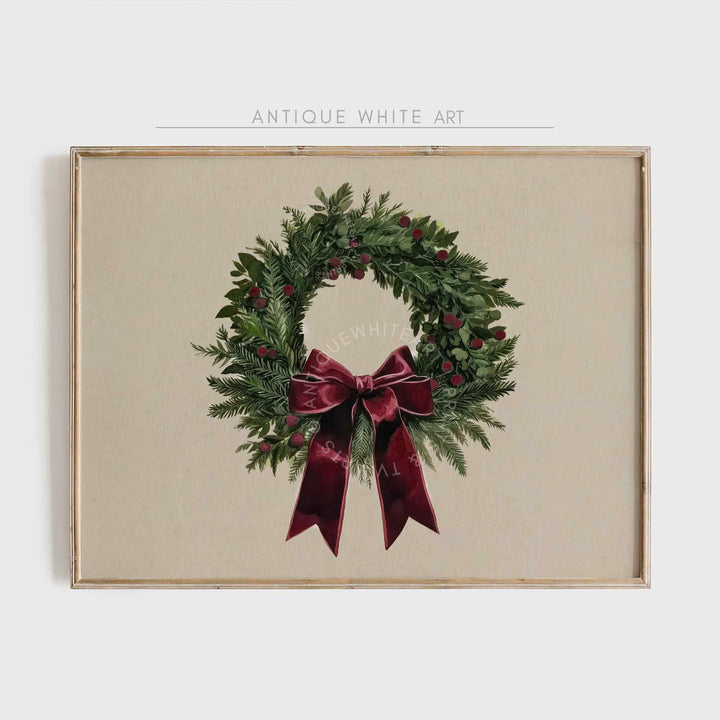 Christmas Wall Art Vintage Style Wreath Painting Tree Print Holiday Decor Sketch W156