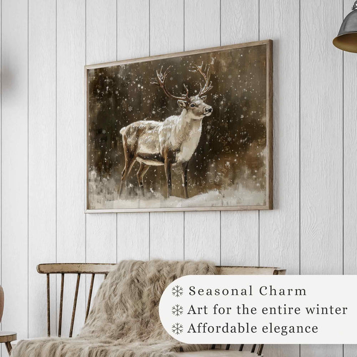 Reindeer Wall Art Moody Winter Print Christmas Deer Farmhouse Country Painting W155