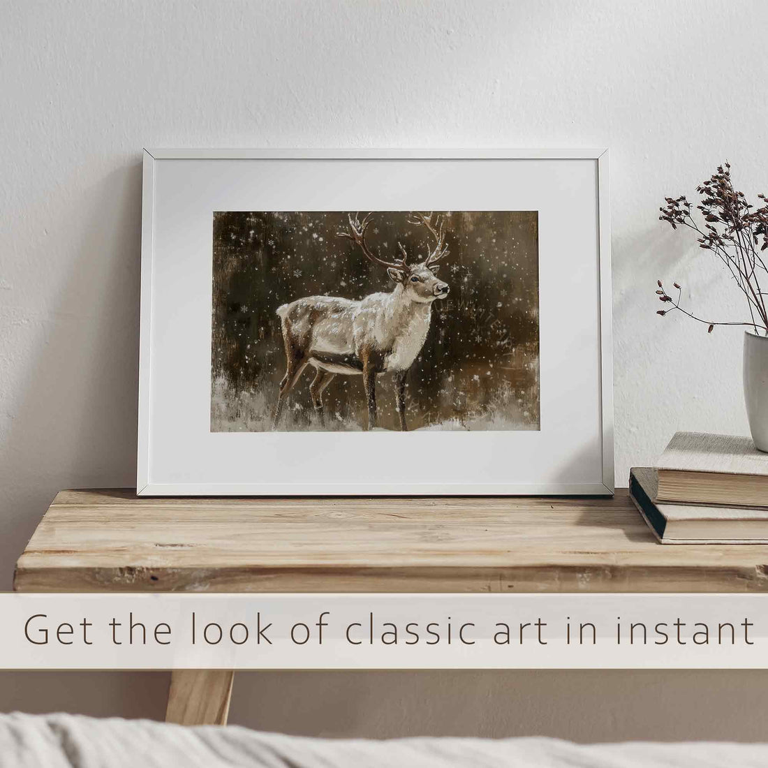 Reindeer Wall Art Moody Winter Print Christmas Deer Farmhouse Country Painting W155