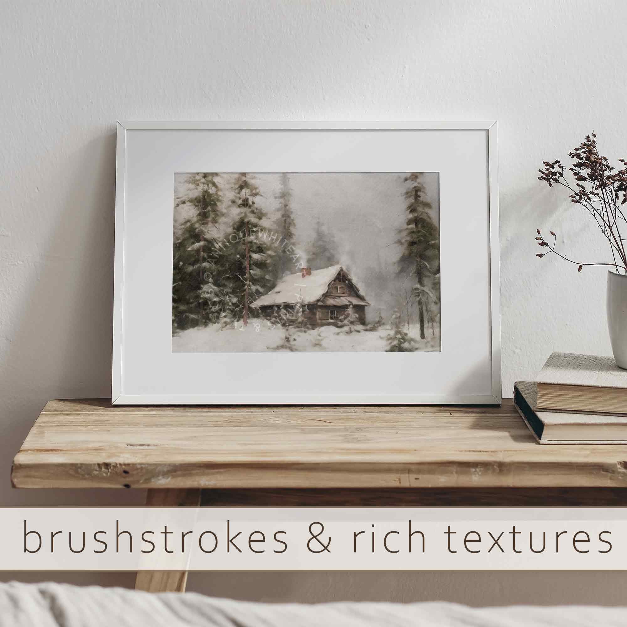 Winter Cabin Rustic Landscape Print Wall Art Farmhouse Prints Pine Forest Painting W152