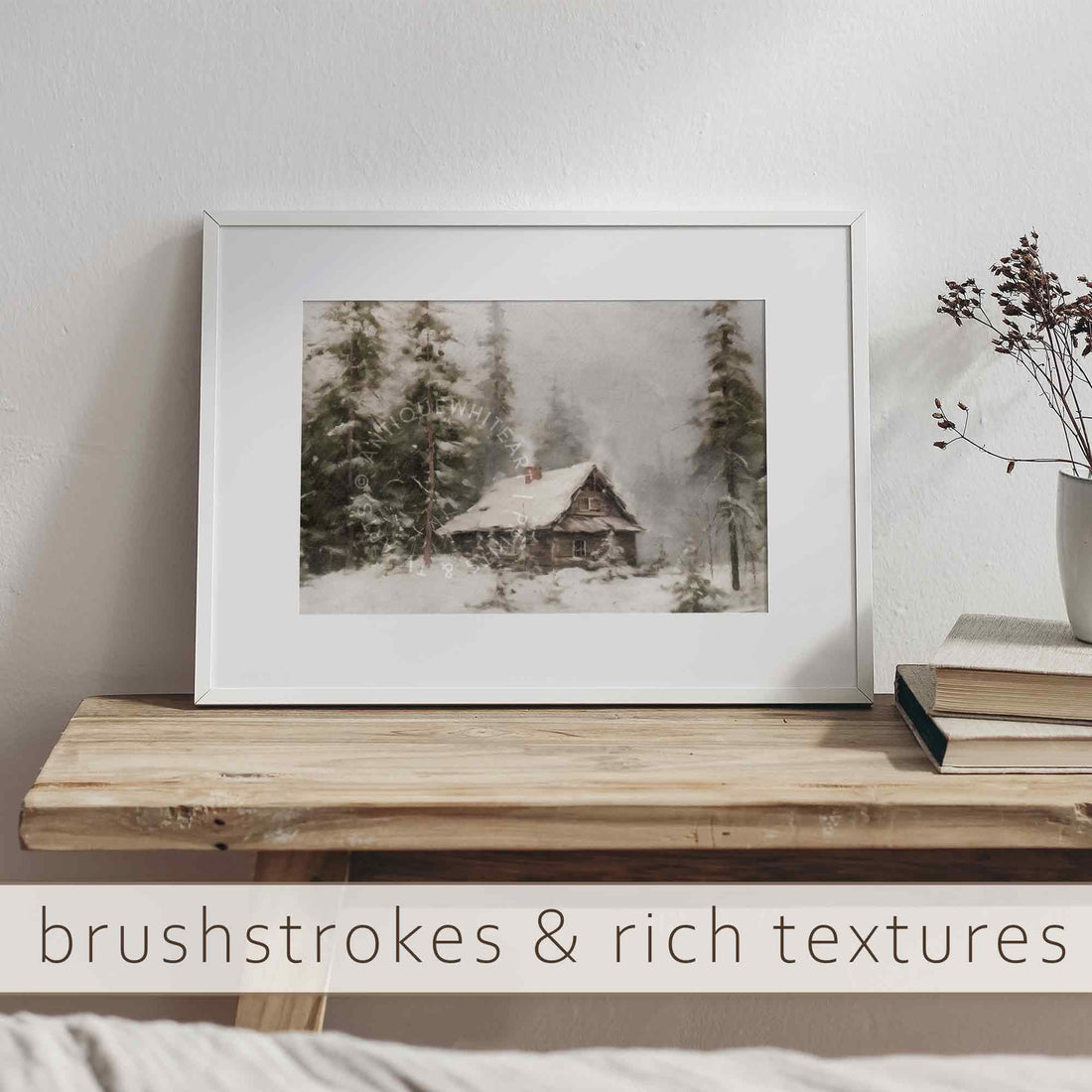 Winter Cabin Rustic Landscape Print Wall Art Farmhouse Prints Pine Forest Painting W152