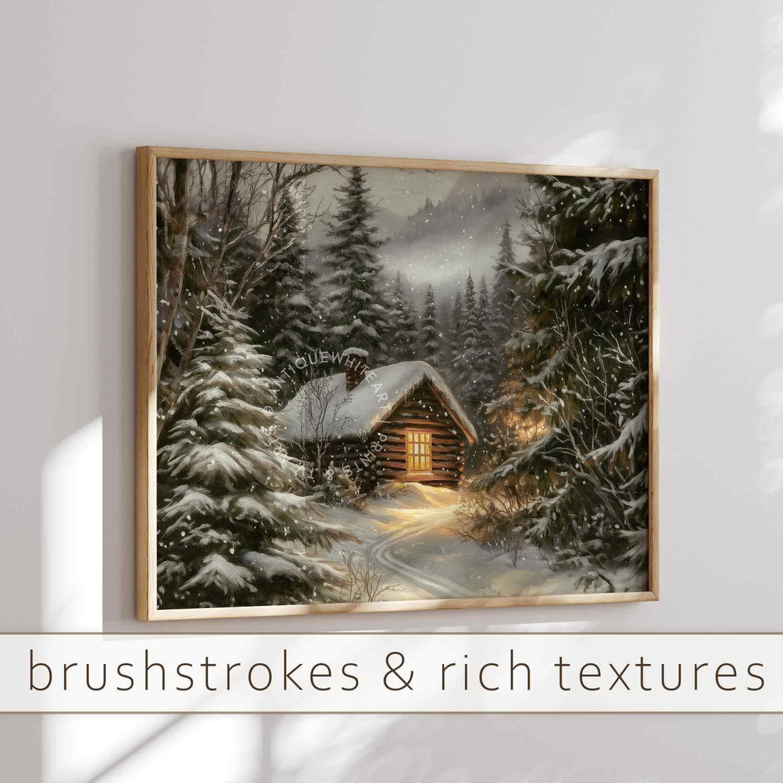 Rustic Winter Landscape Wall Art Cabin Print Farmhouse Prints Pine Forest Painting W151