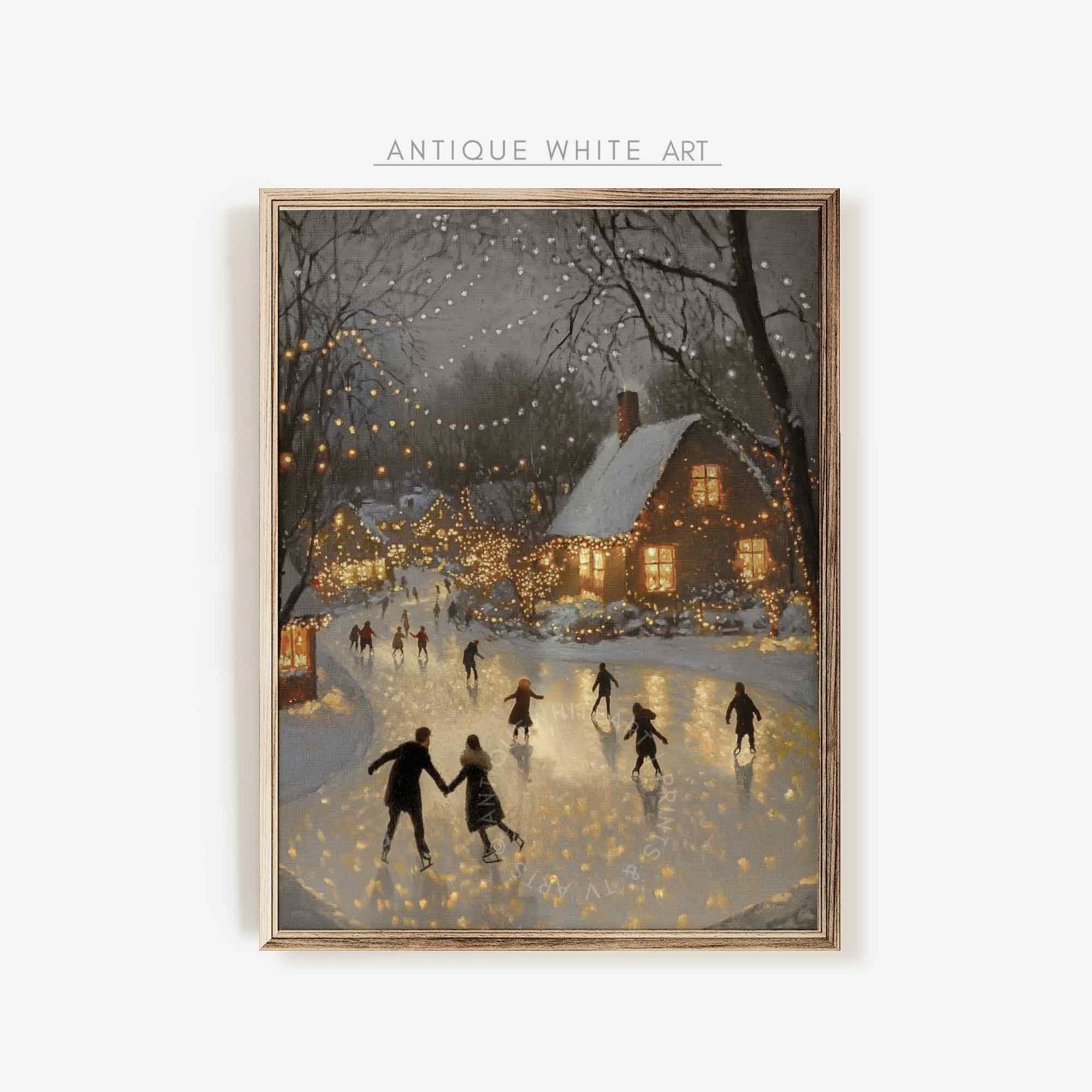 Winter Ice Skating Print Christmas Wall Art Eve Painting Holiday Decor W149