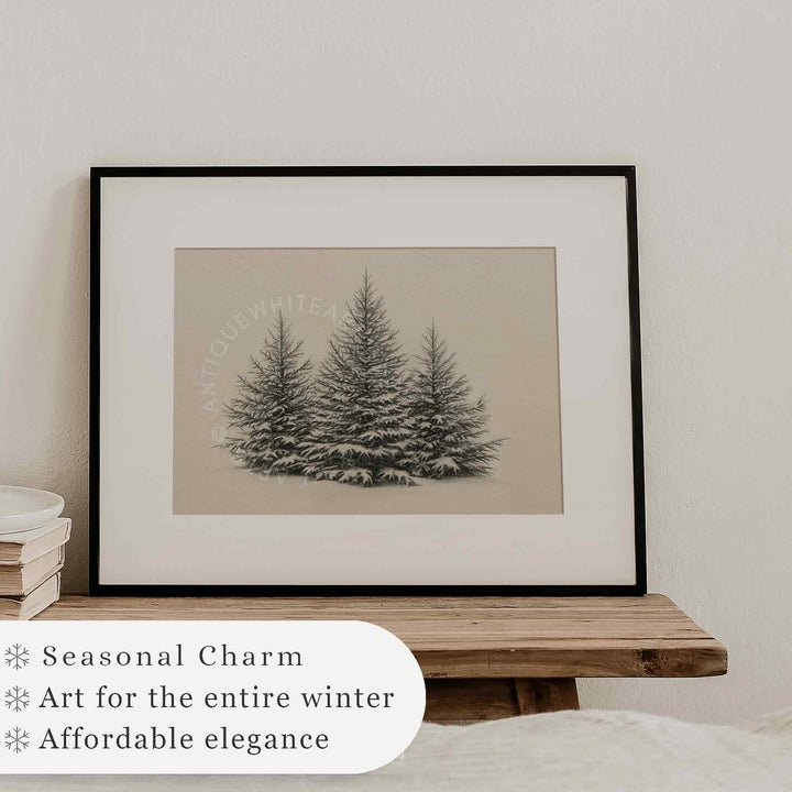 Forest Sketch Rustic Print Pine Trees Drawing Winter Art Country Christmas Decor W148 Wall