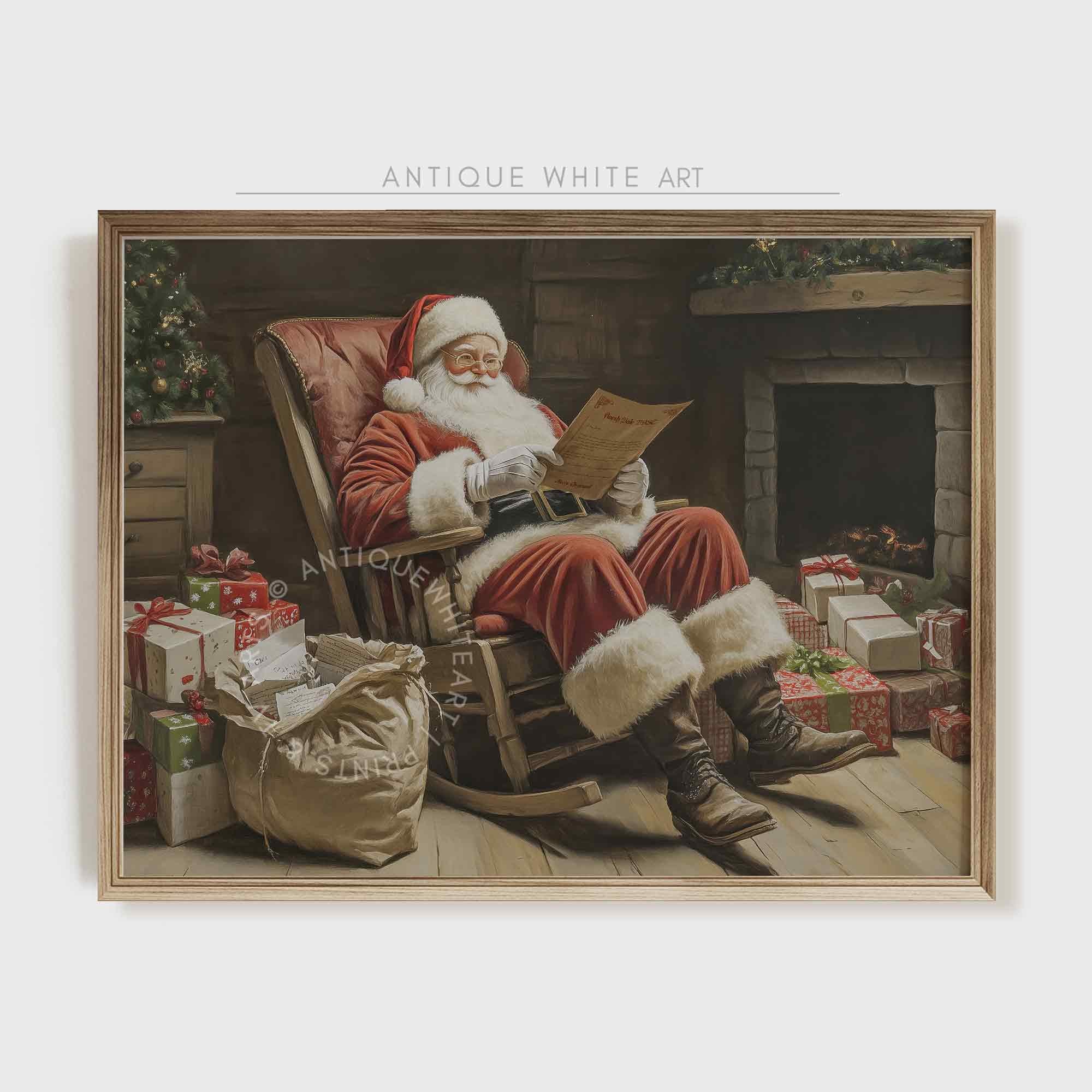 Santa Reading Painting: Farmhouse Christmas Decor ( ) W146 Print Wall Art