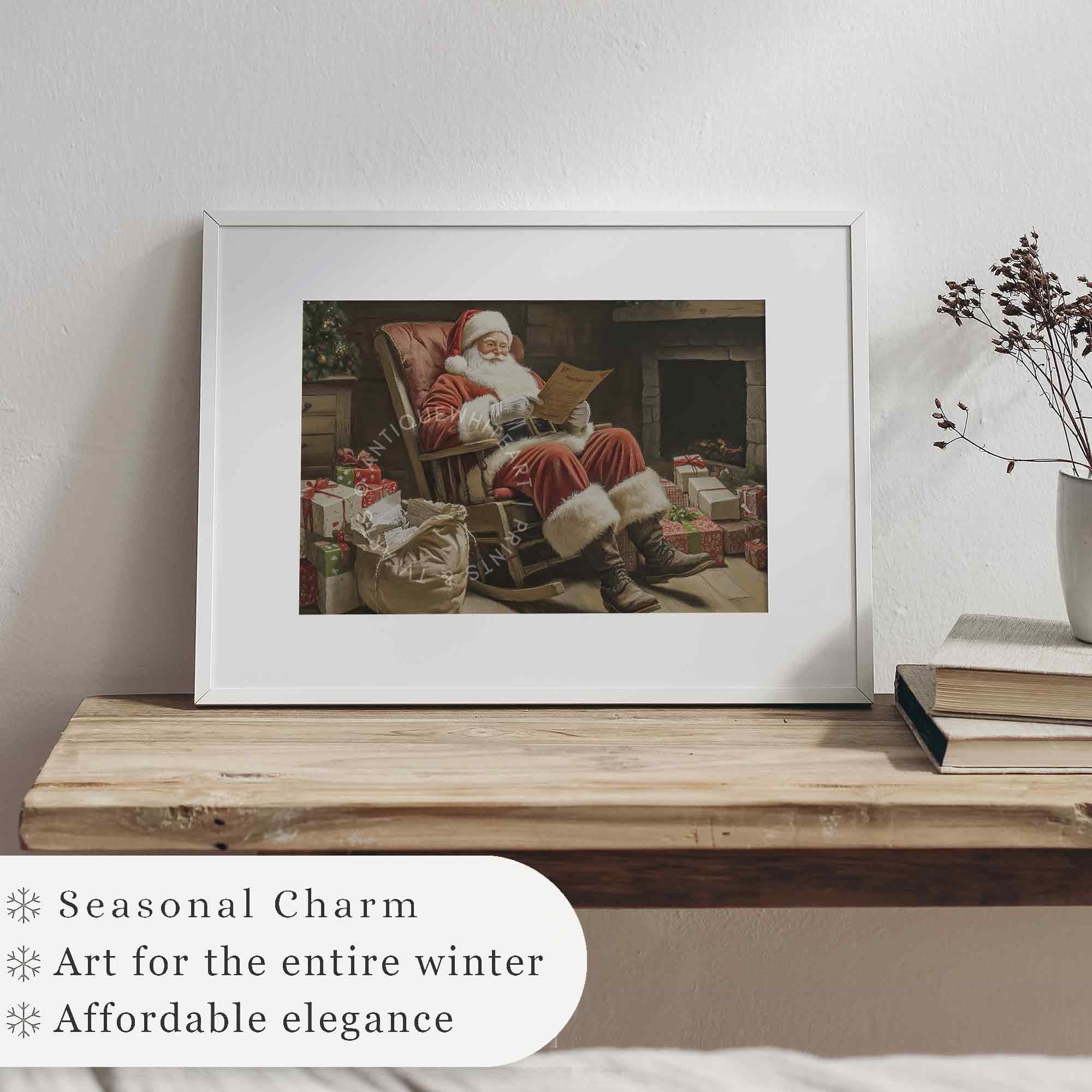 Santa Reading Painting: Farmhouse Christmas Decor ( ) W146 Print Wall Art