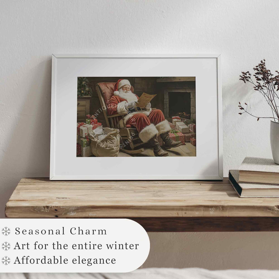 Santa Reading Painting: Farmhouse Christmas Decor ( ) W146 Print Wall Art