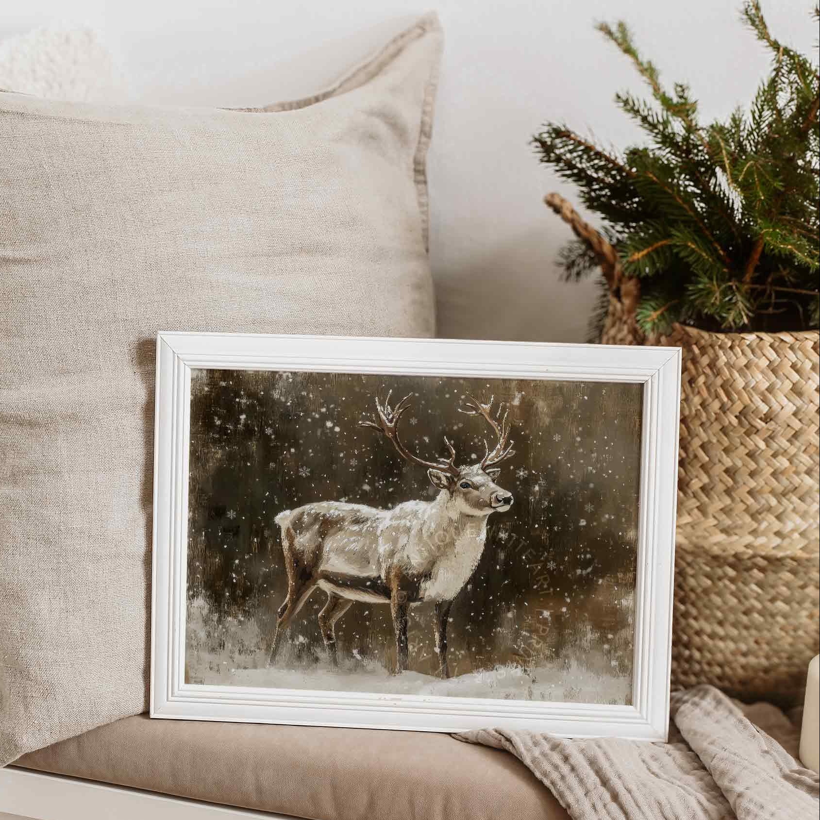 Reindeer Wall Art Moody Winter Print Christmas Deer Farmhouse Country Painting W155