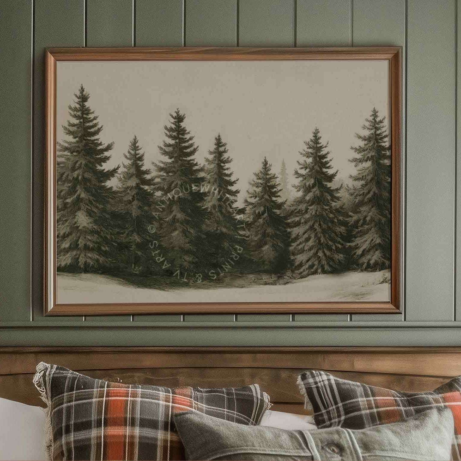 Winter Forest Wall Art Country Christmas Prints Farmhouse Painting Beige Rustic Landscape Print W158