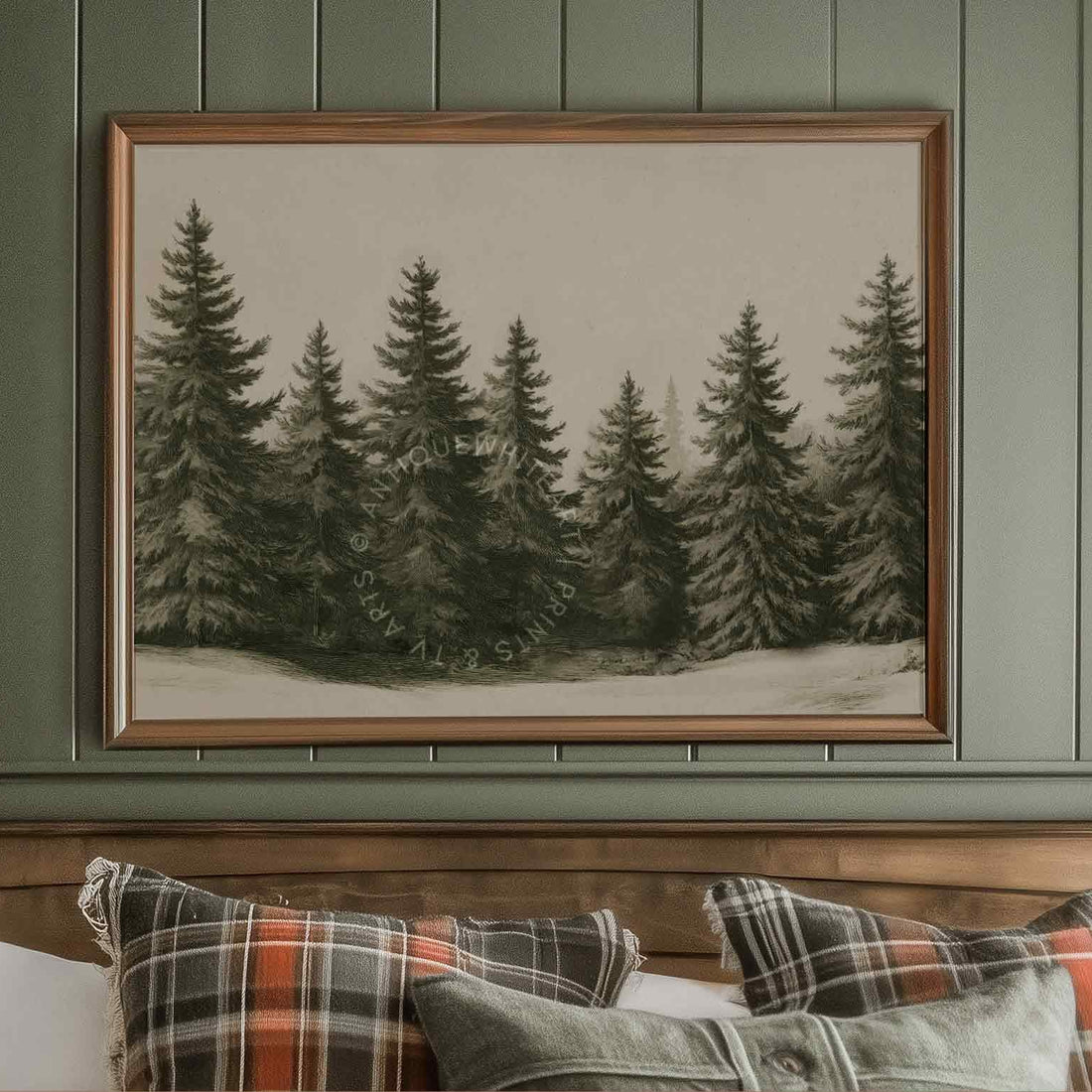 Winter Forest Wall Art Country Christmas Prints Farmhouse Painting Beige Rustic Landscape Print W158