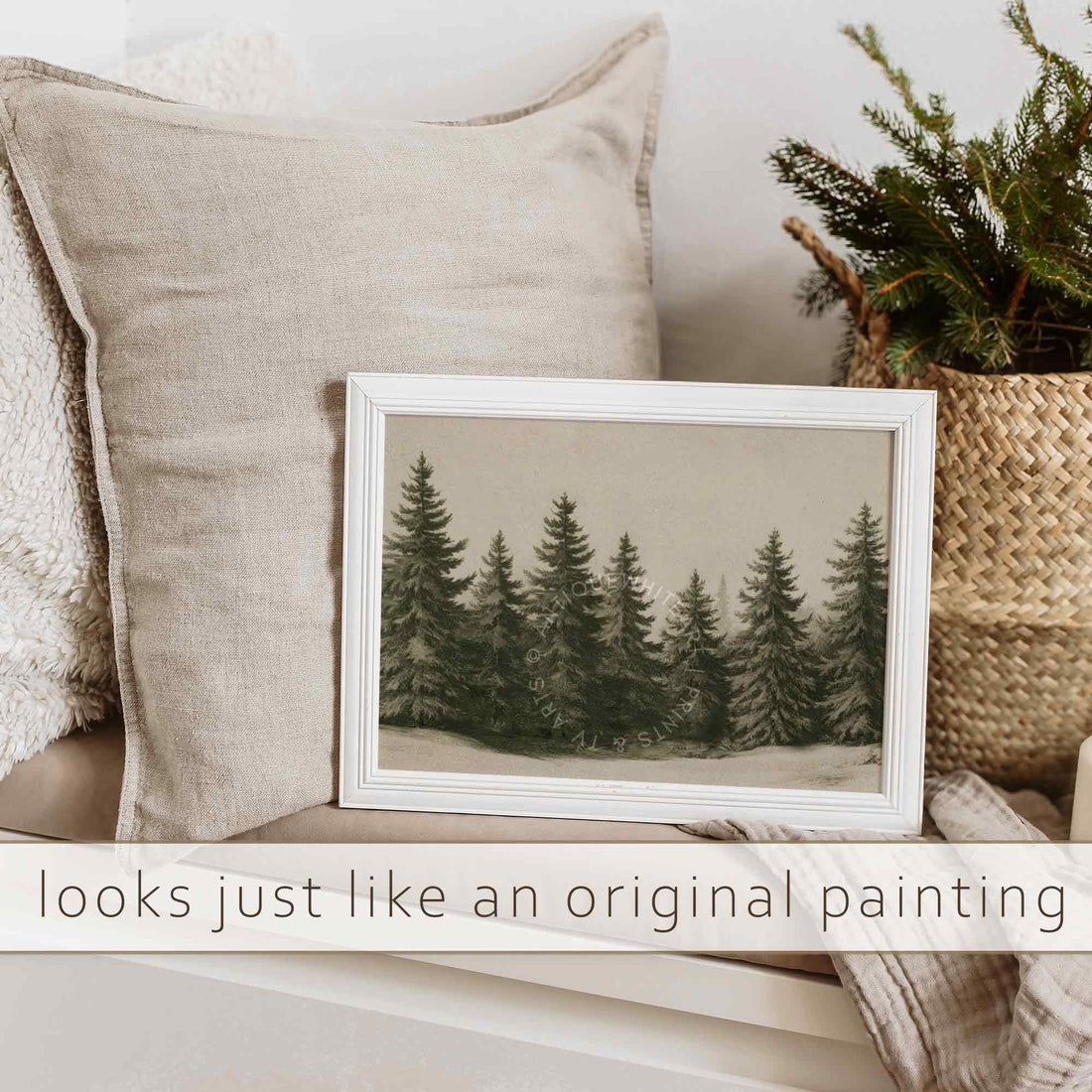 Winter Forest Wall Art Country Christmas Prints Farmhouse Painting Beige Rustic Landscape Print W158