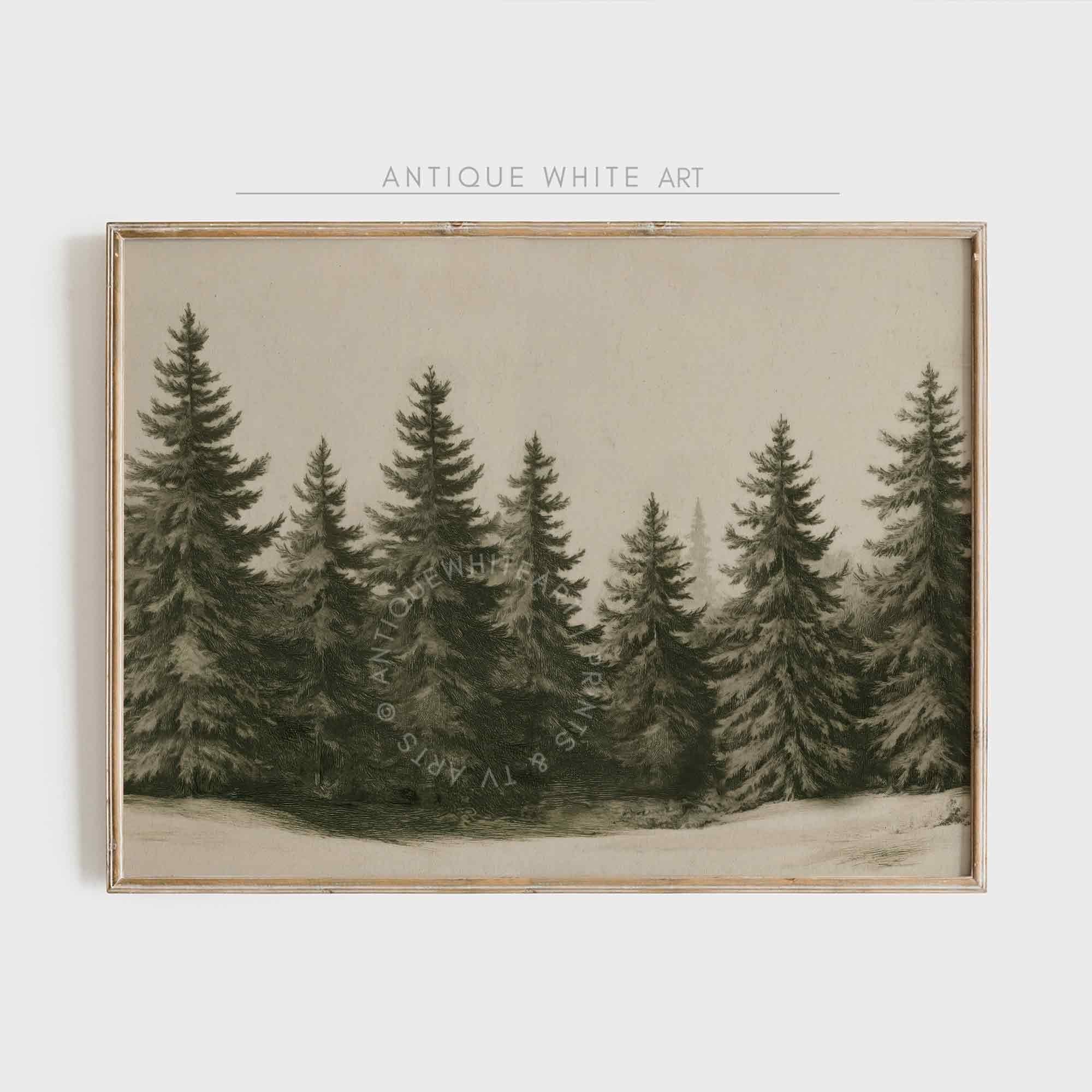 Winter Forest Wall Art Country Christmas Prints Farmhouse Painting Beige Rustic Landscape Print W158